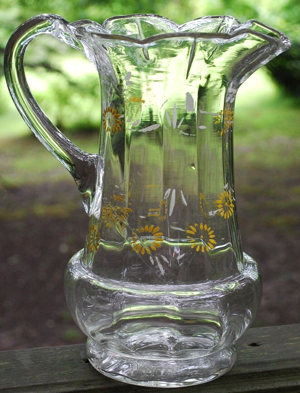 Antique Victorian PITCHER Clear Optic Glass FLORAL ENAMELED DAISIES Petal Rim