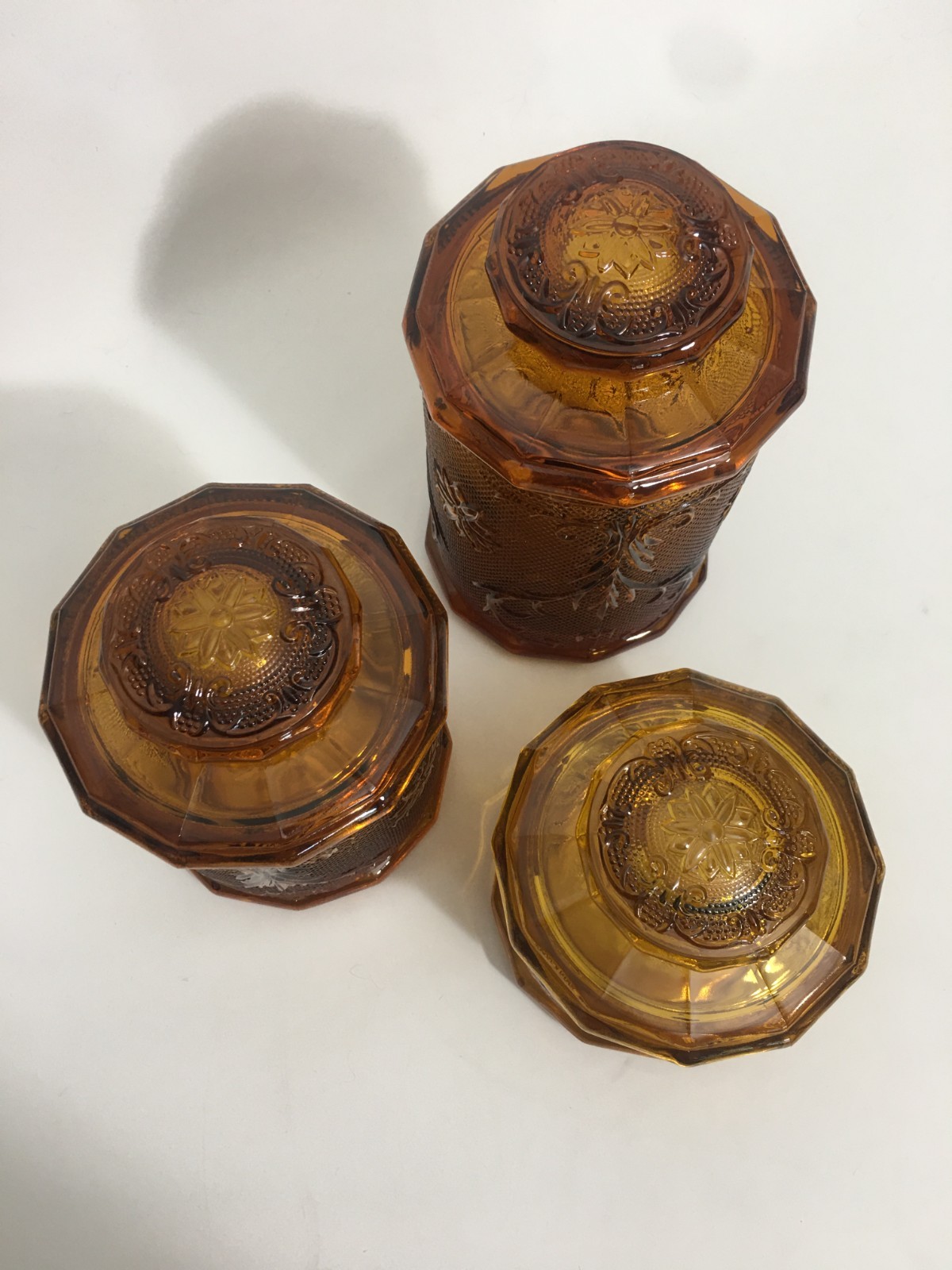 1980s TIARA Indiana Glass Amber Sandwich Pattern 3 Piece Canister Set lids NEW