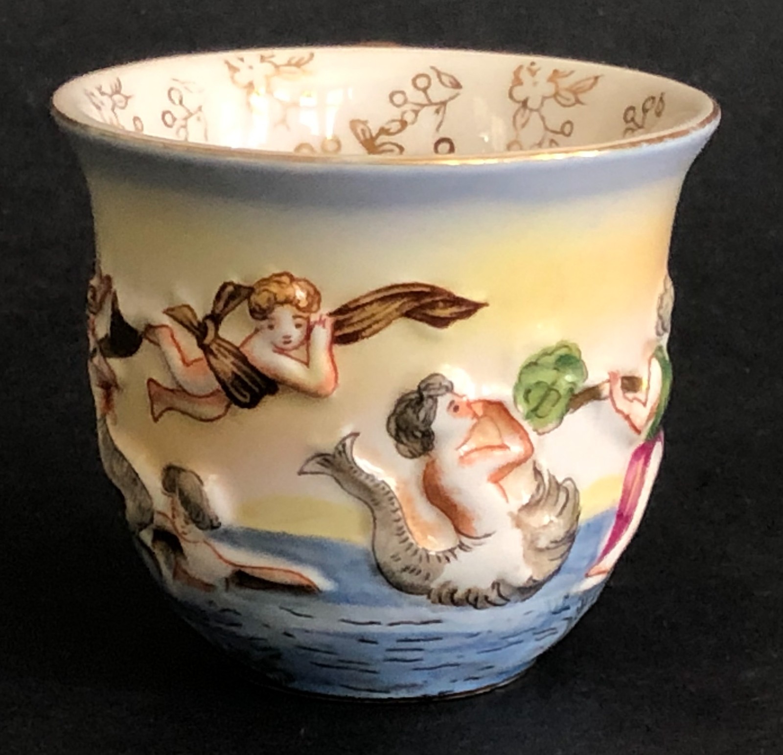 Vtg SGK Demitasse Cup Made in Occupied Japan Embossed Cherub Mermaid Instruments