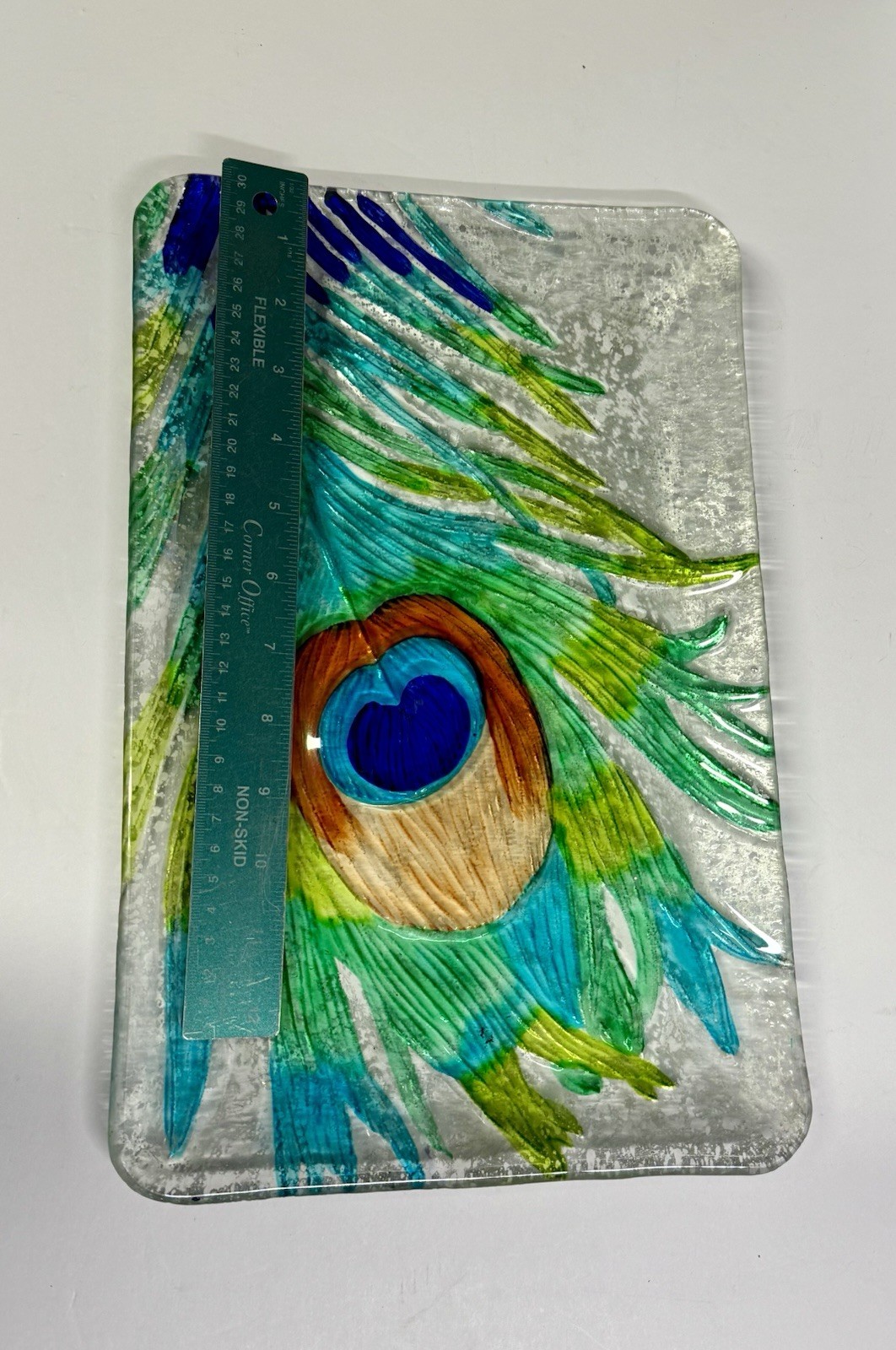 9 X 14” Fused Glass Peacock Feather Decorative Rectangular Platter Tray
