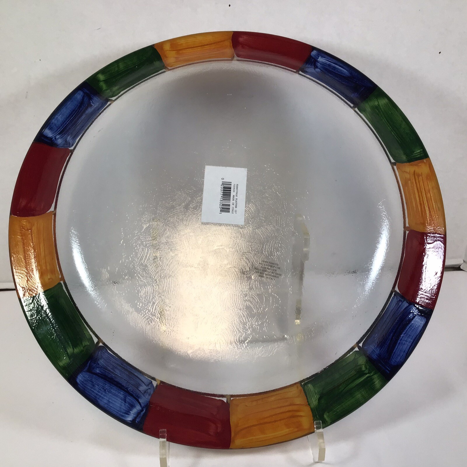 Italian Glass Round Serving Platter Low Bowl Hand Painted Geometric Edges 15”