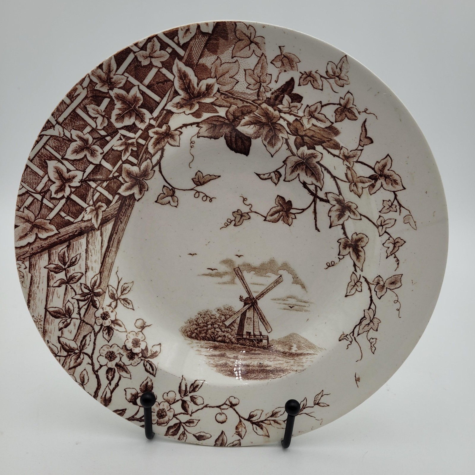 Antique c1890 JH Davis Victor Brown Earthenware Transferware Windmill Dish Plate