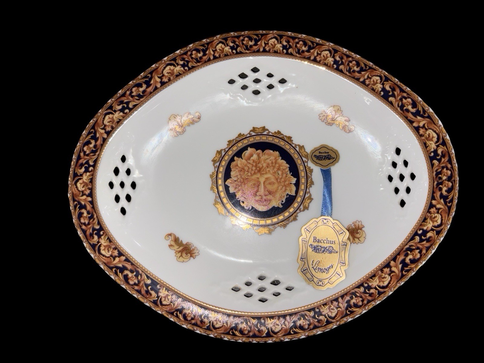 Vintage Limoges France Bacchus Oval Serving Dish Pierced Gold Trim Porcelain