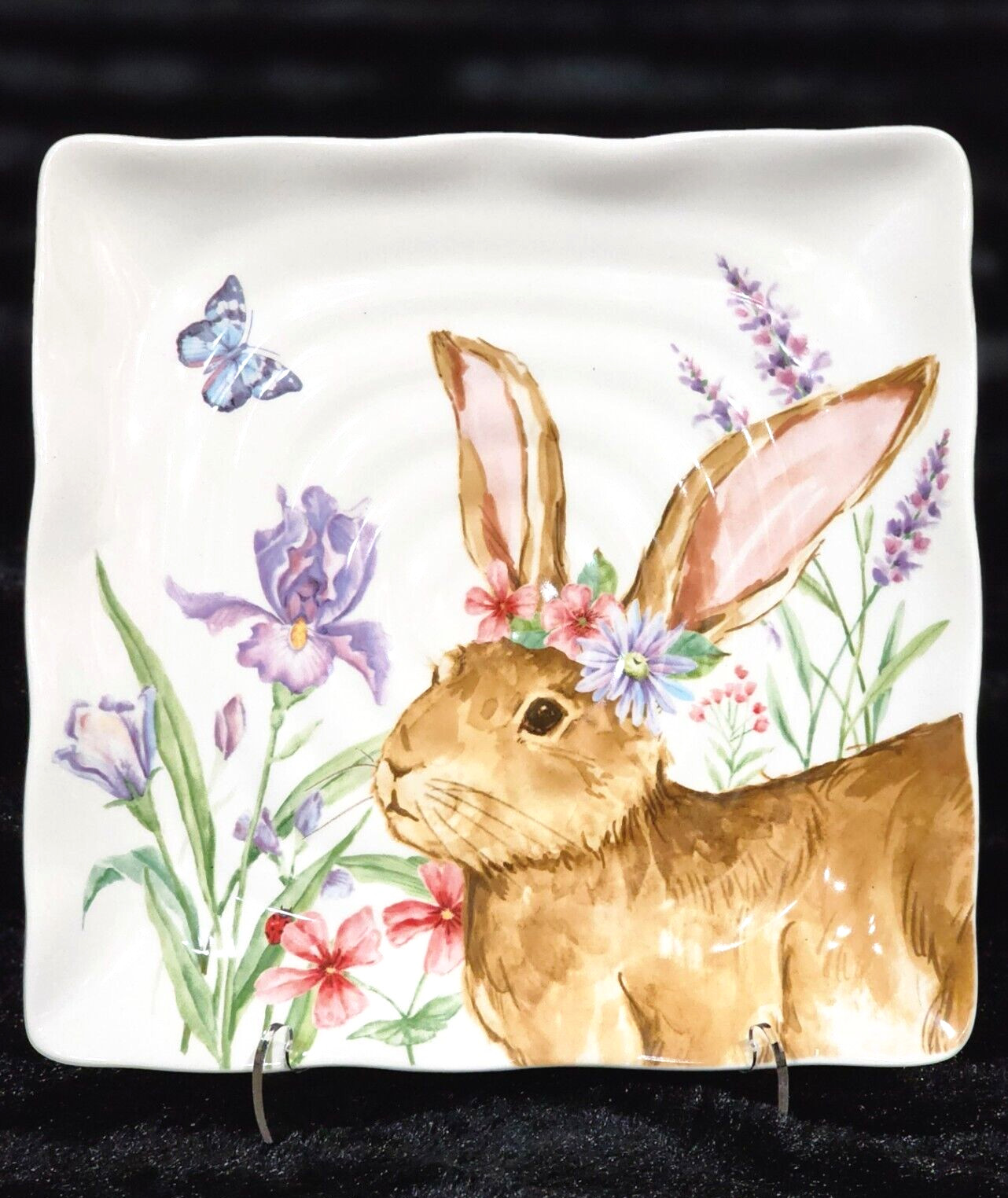 2 Easter Bunny Square Salad Plates Floral 8.75″ Ceramic Maxcera Flower Crown