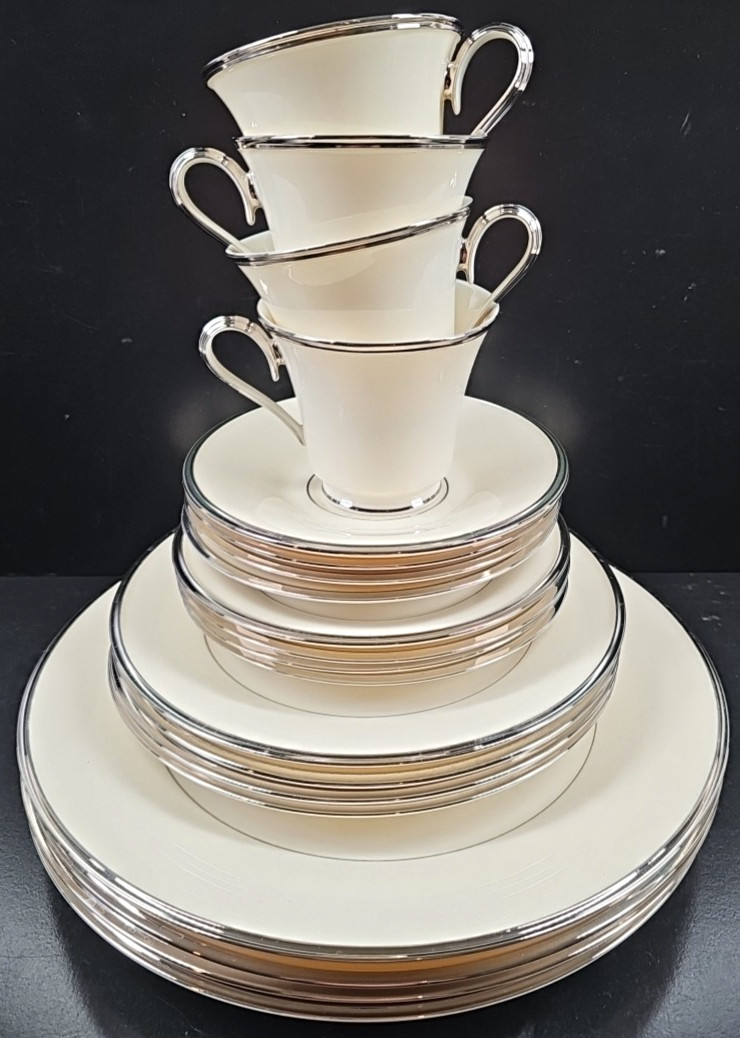 4) Lenox Solitaire 5 Pc Place Setting Vintage Elegant Platinum Dining Dishes Lot