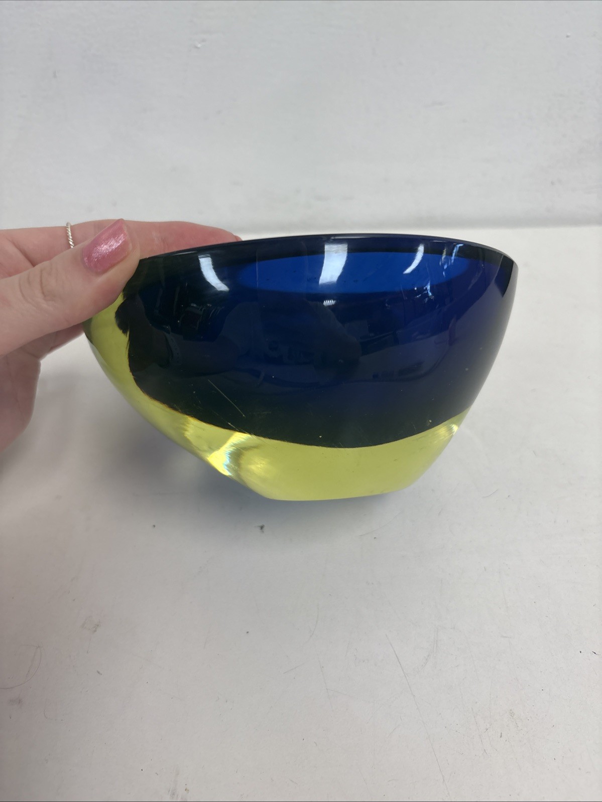 Cenedese Cobalt Blue and Yellow Sommerso Geode Murano Glass Bowl