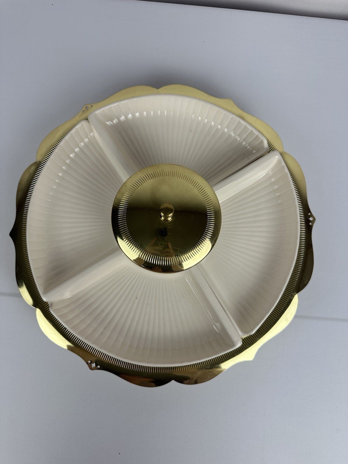 Vintage Ceramic Divided Relish Tray Gold Tone Pedestal Server w Covered Dip Bowl
