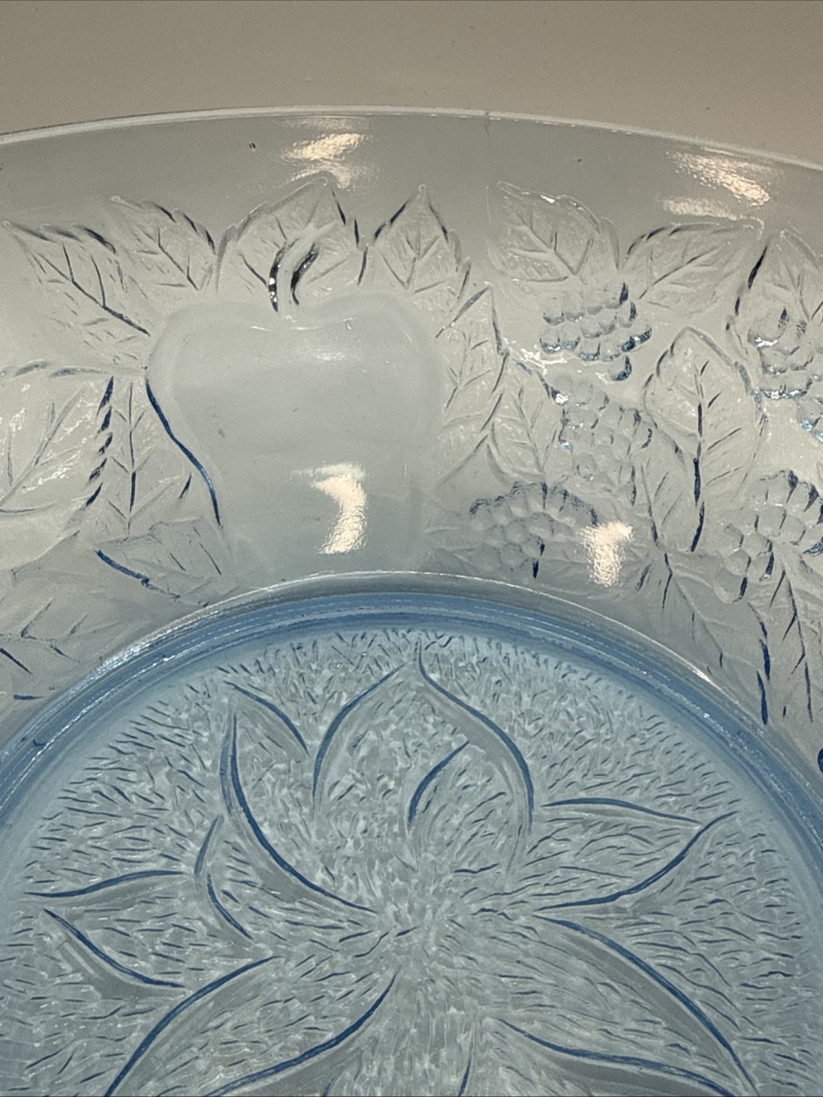 Glass Serving Bowl Ice Blue KIG Indonesia VTG 8.5″ Flower Fruit Apple Pear Grape