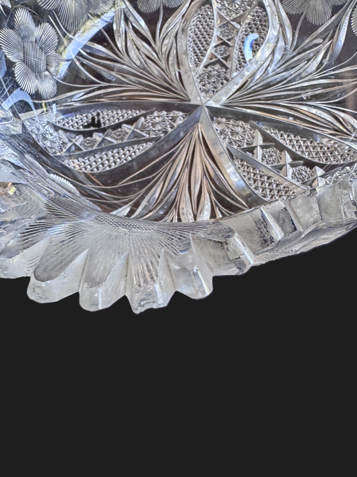 American Brilliant Period ABP Cut Glass Bowl Floral Intaglio Sawtooth 10″