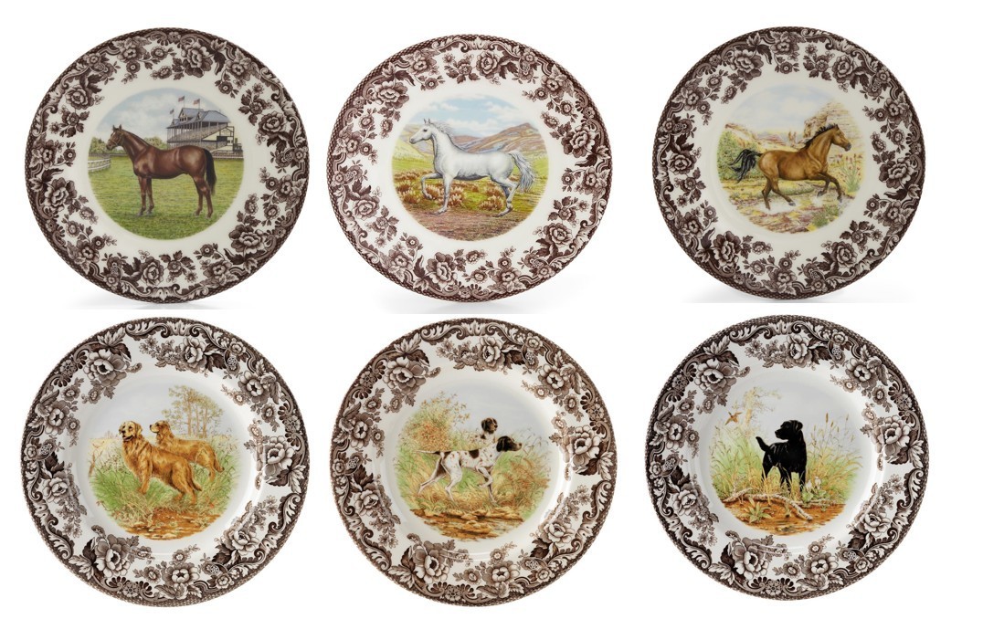 Spode woodland set of 6 X dinner plates- 6 unique dogs and hor +—–3723—–
