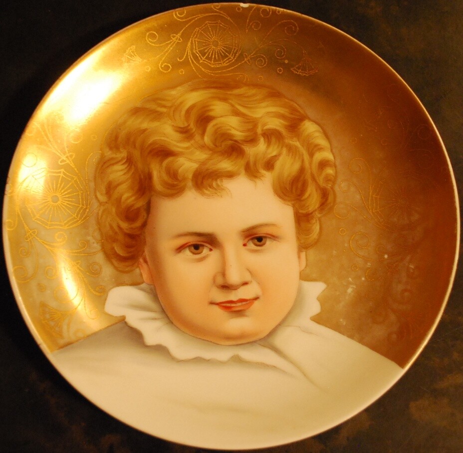 Antique Victorian HAND PAINTED PORTRAIT PLATE Blonde Child’s Face W Gold Gilt