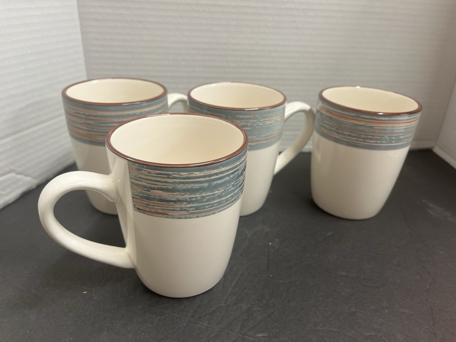 4 Citrus Grove Coffee Mugs Swirl Stripe Pottery Blue Gray Sunset