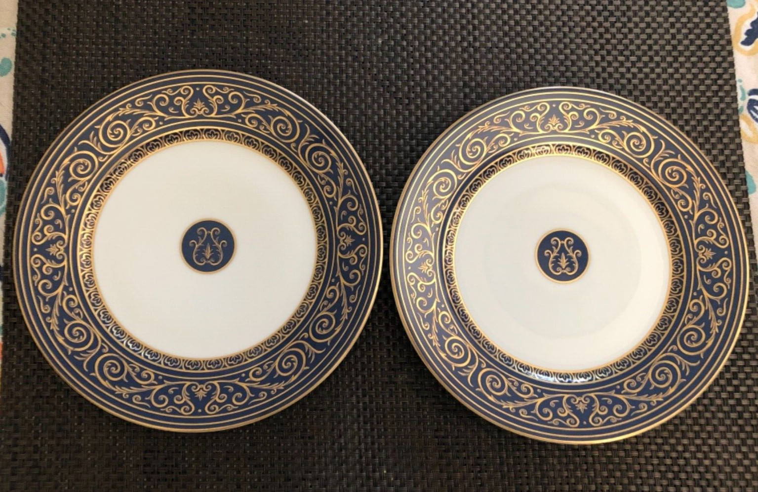 S/2 Philippe Deshoulieres FRANCE Blue & Gold Scrolls 8 3/4″ Salad Plates NEW