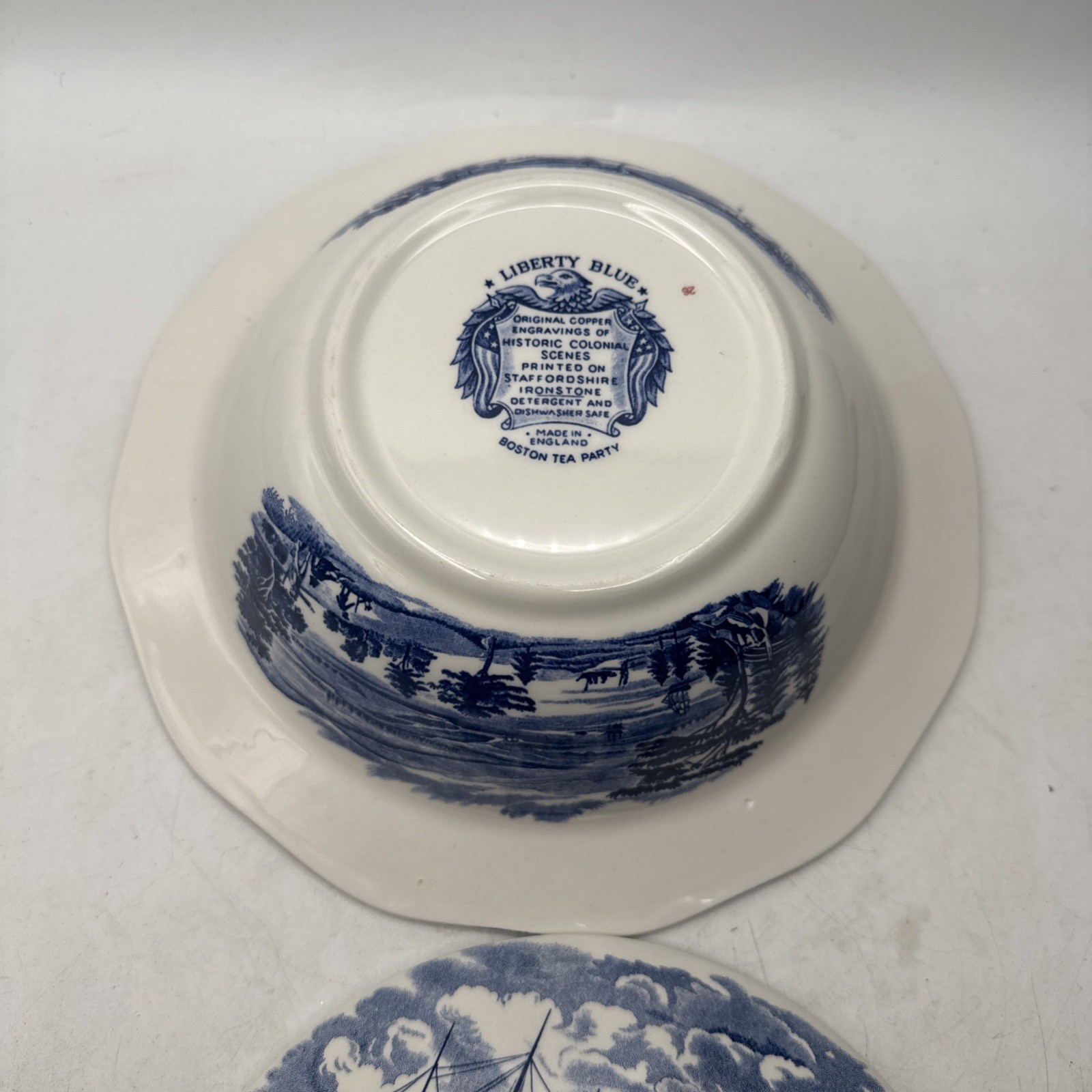 Liberty Blue “Boston Tea Party” Covered Serving Bowl – Historic Colonial Scene