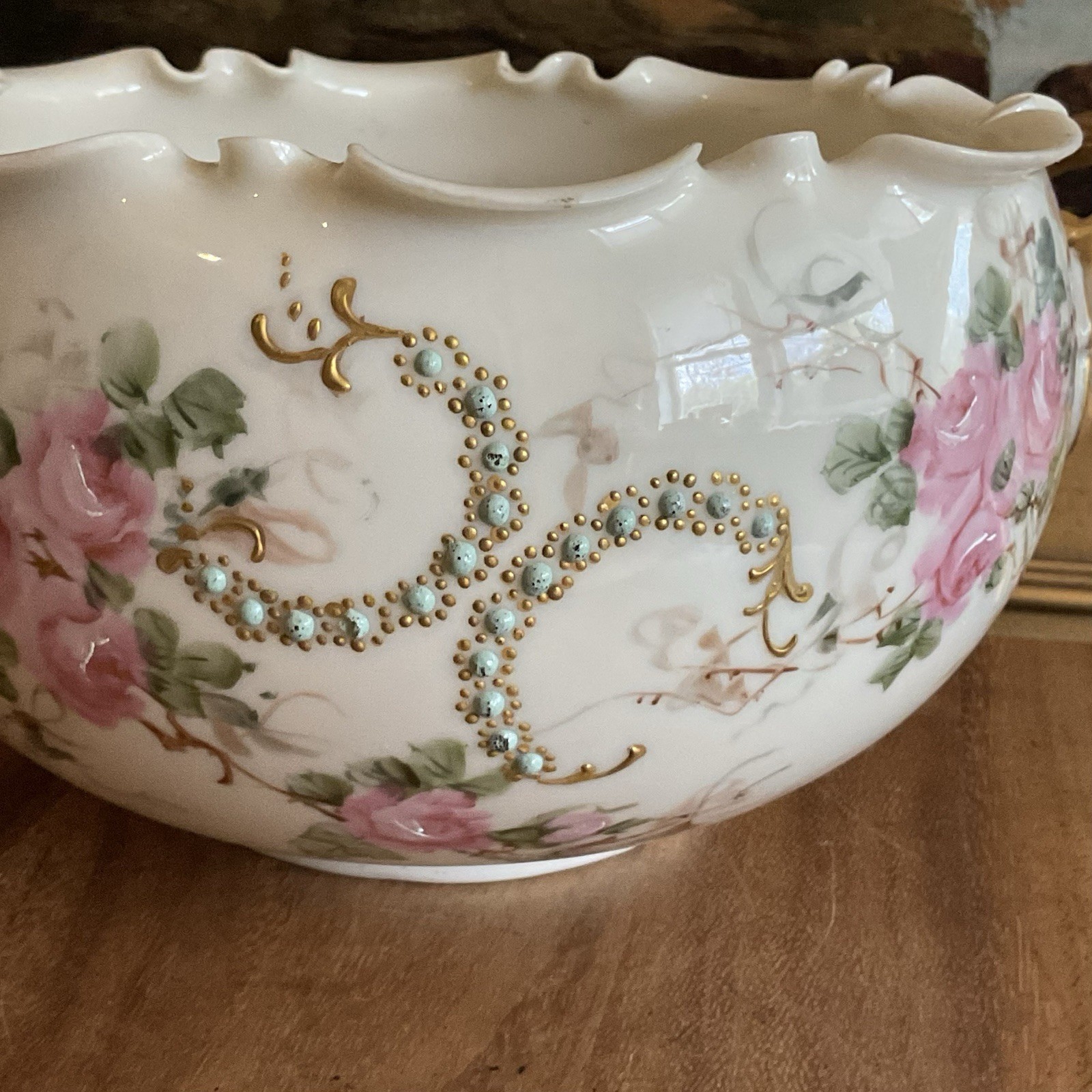 WILLETS BELLEEK Hand Painted Roses HANDLED BOWL Ruffle Rim Antique Late 19th CE