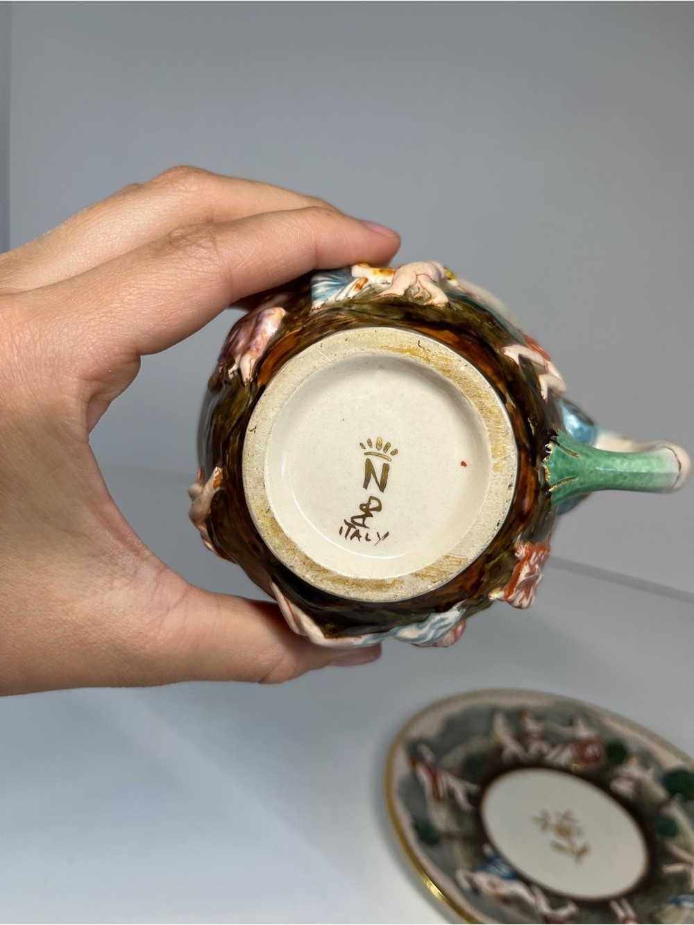 Vintage Capodimonte Italy Demitasse Teacup & Saucer MAS Cherub Dragon Handle MCM