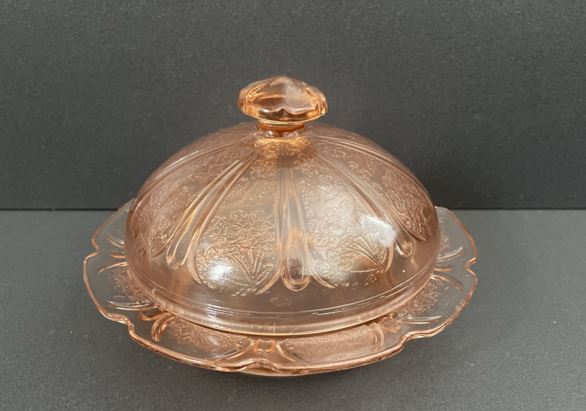 Jeannette Soft Salmon Pink Cherry Blossom Depression Glass Covered Butter Dish