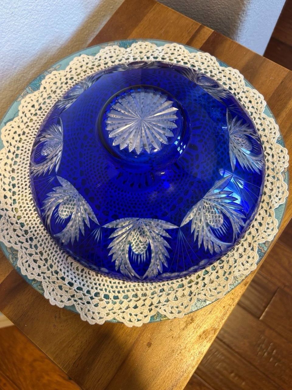 Rare VTG Cobalt Blue Crystal Bohemian Cut-to-Clear Bowl D-9.75″