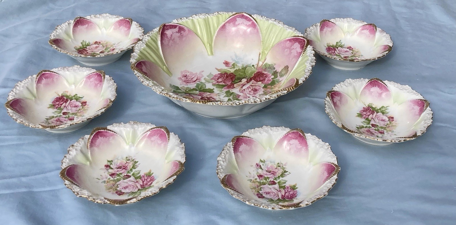 Antique RS Prussia Master and 6 Berry Bowls Floral Bouquet Gold Accents