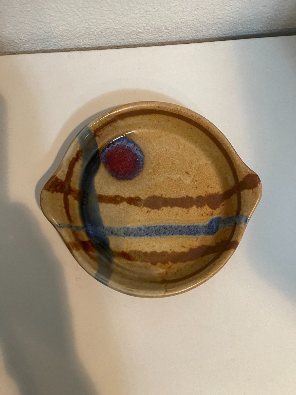 Vintage SIGNED WALT GLASS Studio Pottery Double HANDLED Dish Bowl- 6.5in x 7.2in