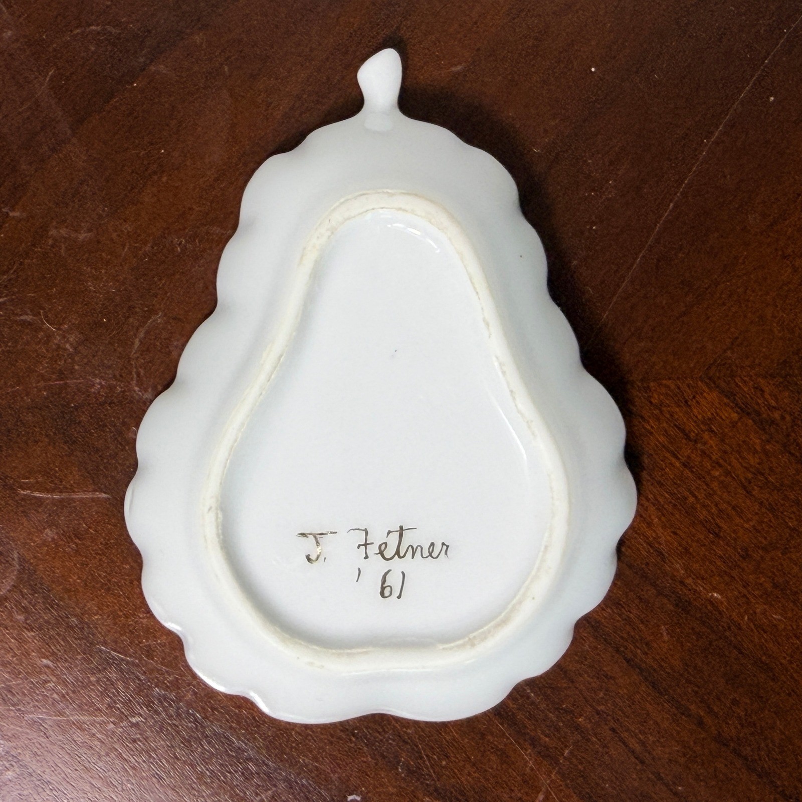 Vintage 1961 Pear Trinket Dish White Gold Gilt J Fetner Signed Small Decor 3.5in