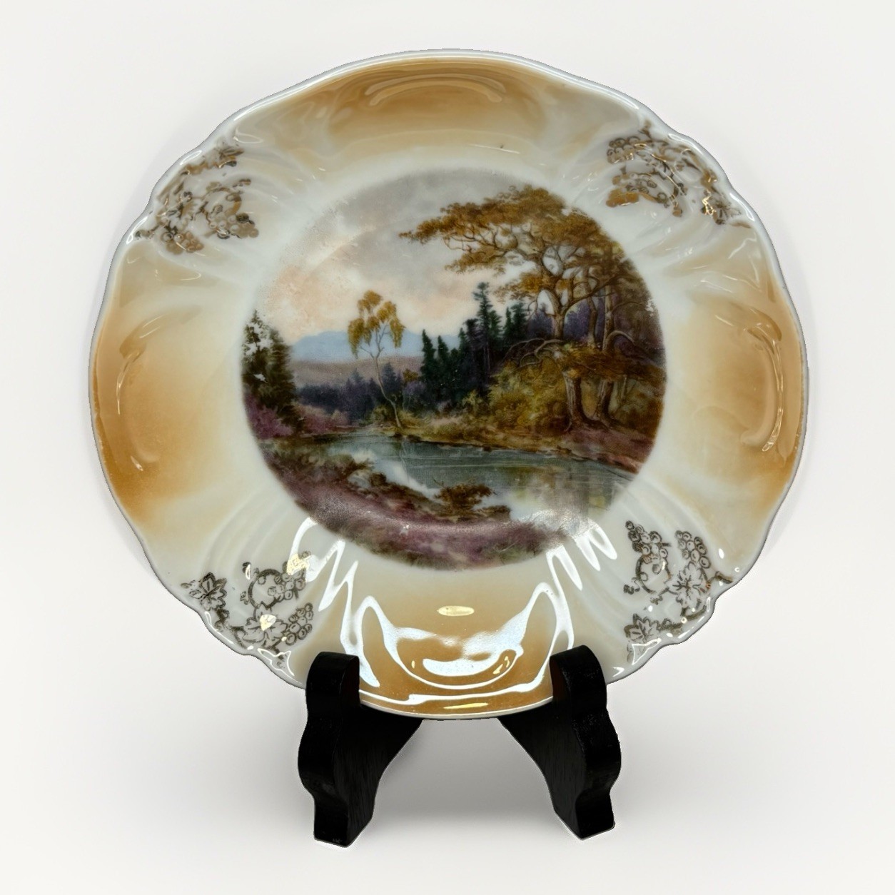 Vintage Porcelain Plate Set Country Riverbank Trees Scene Gold Grape Vine Border