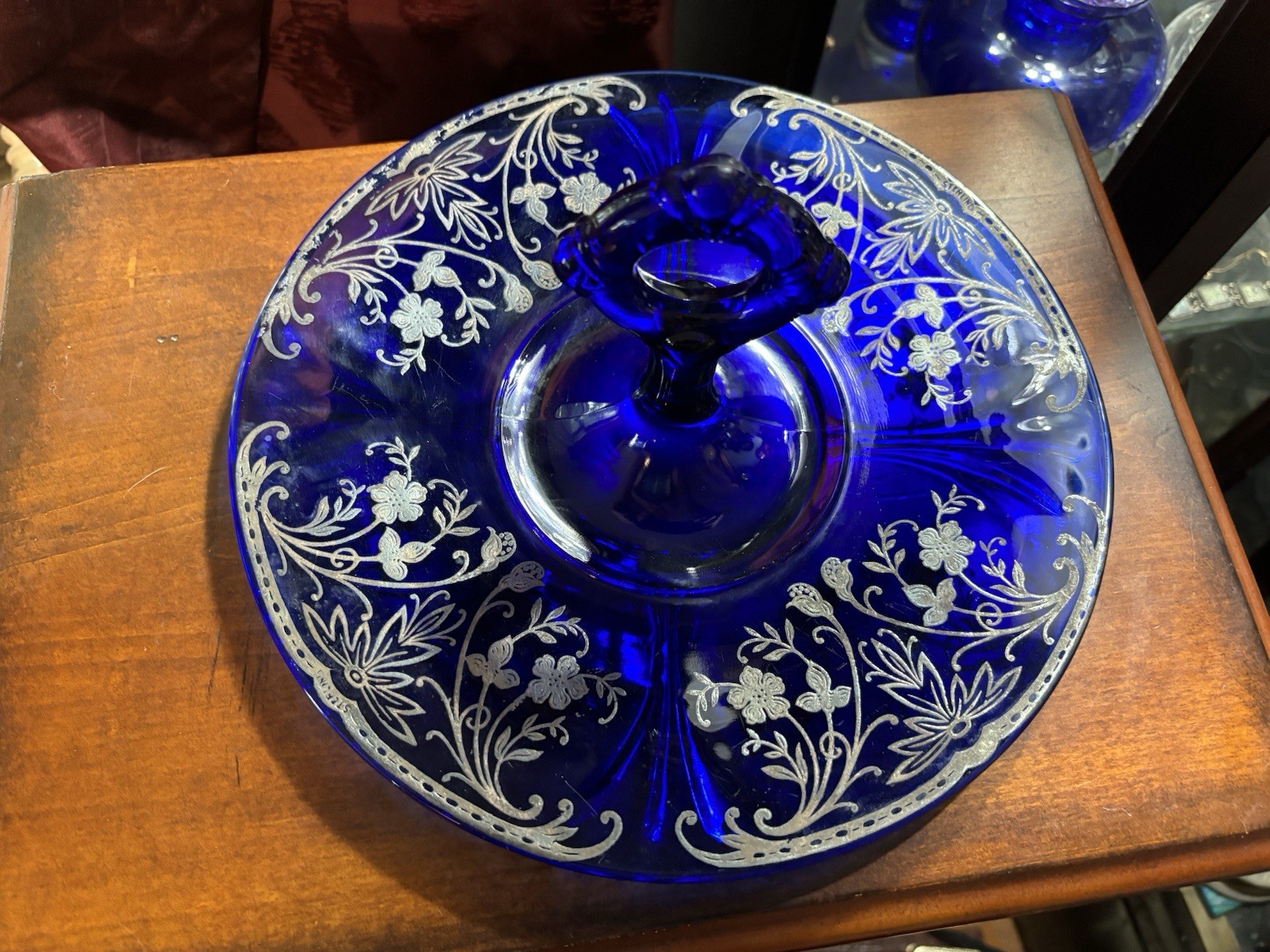 Vintage Colbalt Blue W/Sterling Overlay 10.5” Handled Tidbit Serving Platter
