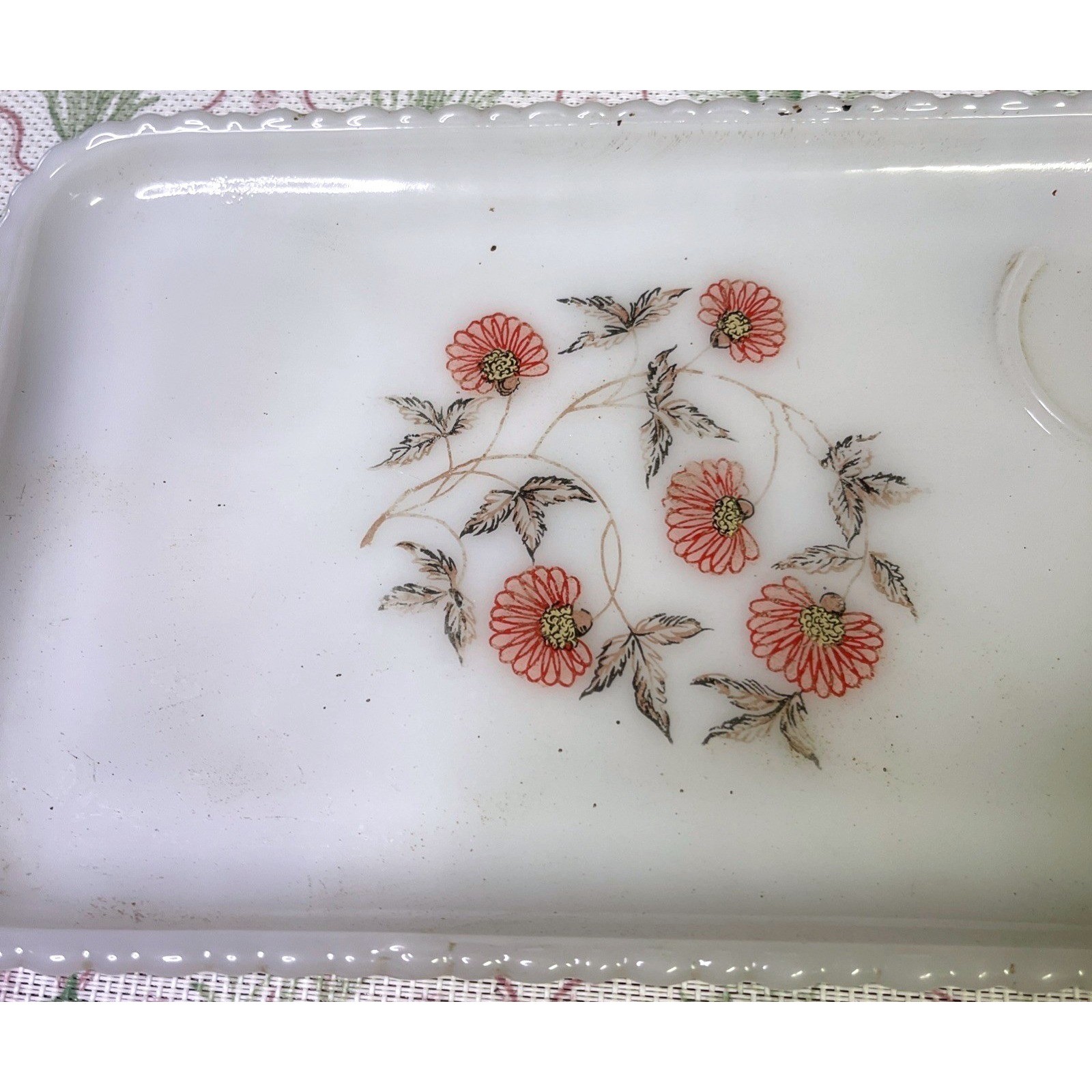 Vintage White Milk Glass Vanity Tray Pink Floral Design Rectangular 11.5″