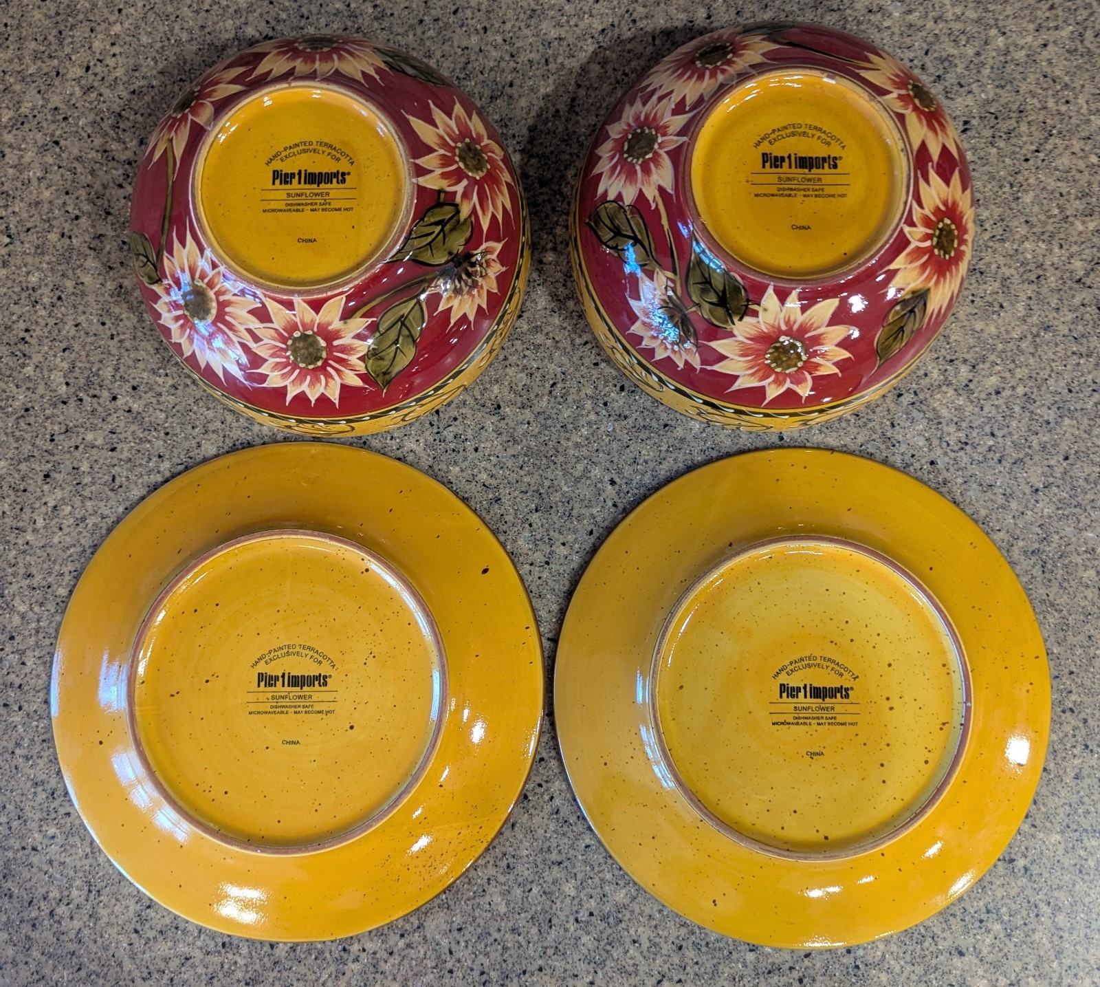Pier 1 Imports Sunflower Hand Painted Terracotta 6 3/4″ Bowl and 8 1/4″ Dish Set