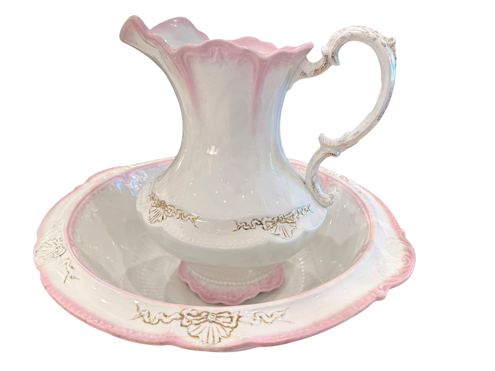 Antique WH Grindley XL 17.5″ Pitcher Basin Set Pink Ombre Gold Bows England 1890