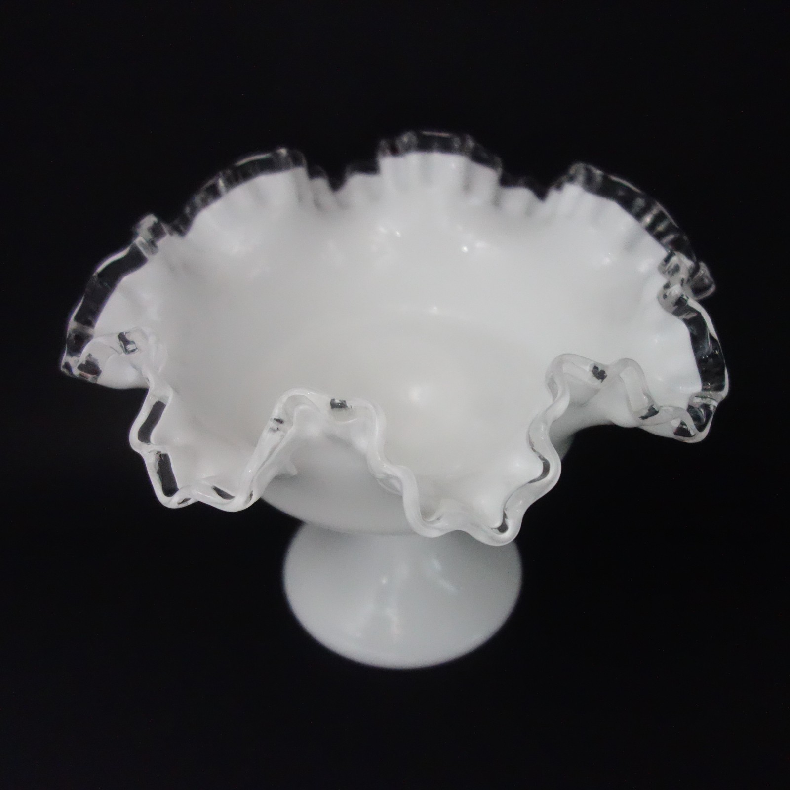 Vintage Fenton Silver Crest Milk Glass Footed Pedestal Bowl Ruffled Edge 6″ Tall