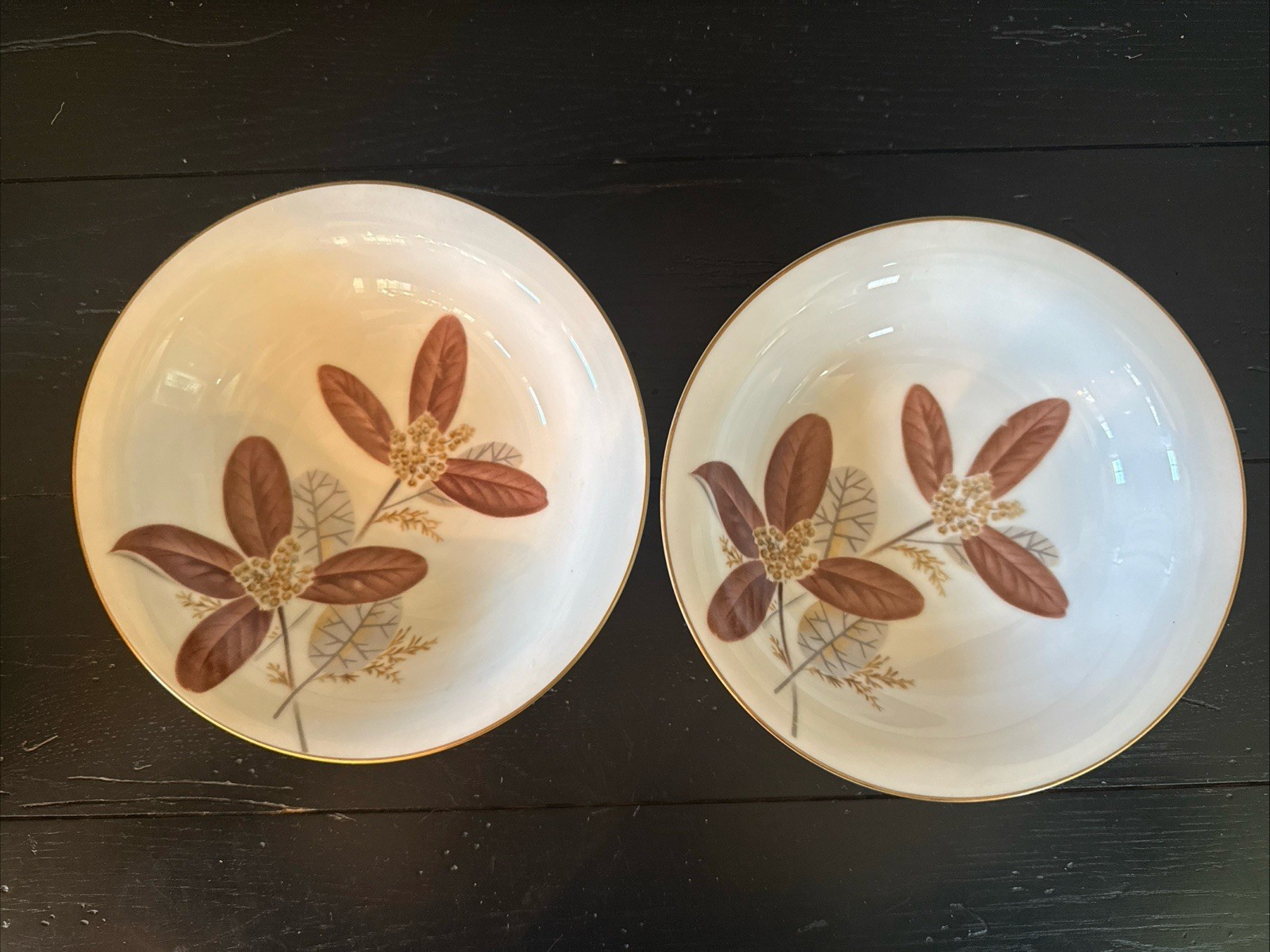 Vintage Set Of 2 Noritake Nuana Soup Cereal Bowls Brown & Gray Leaves 7.5” 1950s