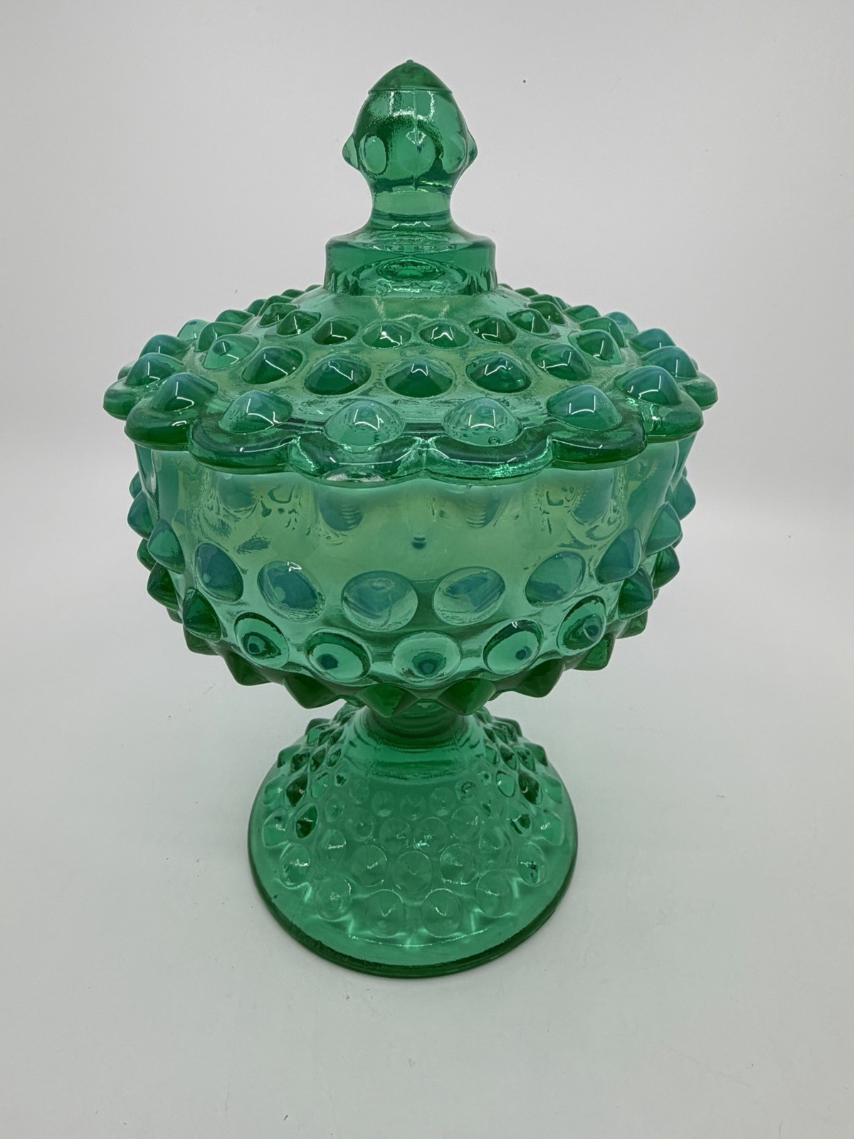 Vtg Fenton 1959 Emerald Green Opalescent Hobnail Lidded Candy Bowl Crack Glows