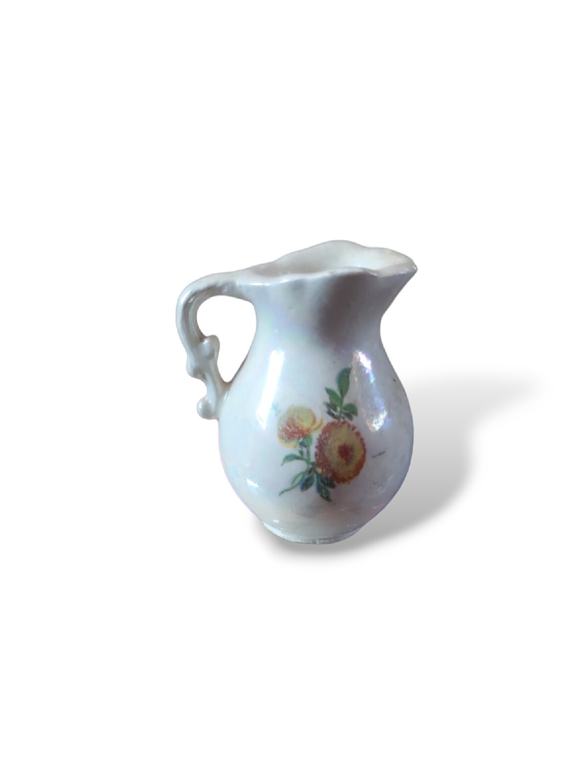 Vintage Miniature Creamer Pitcher And Saucer Set Floral Picture On Pitcher