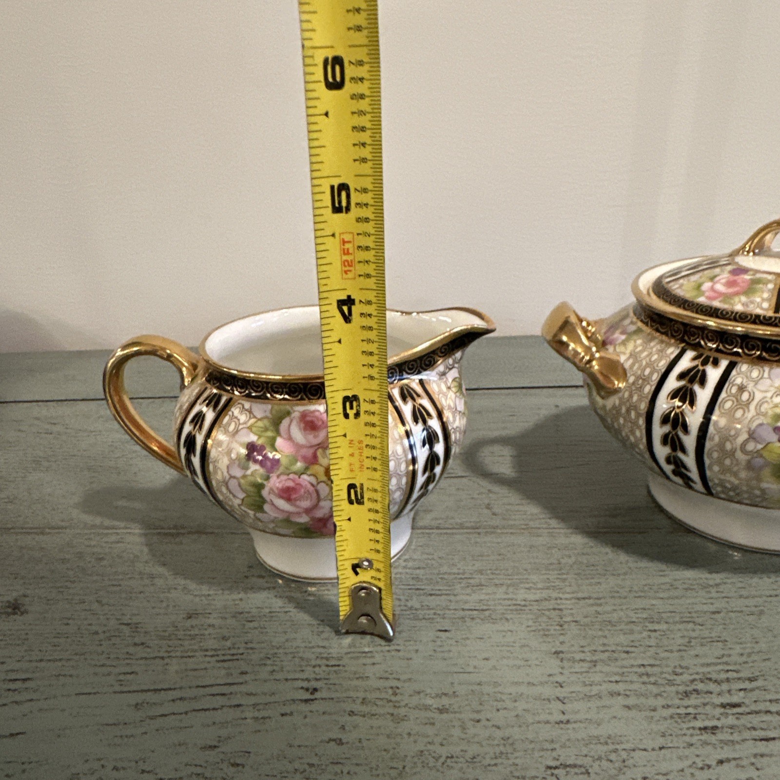 Antique Japan NIPPON Hand Painted Gold Creamer and Sugar Bowl W/ Lid