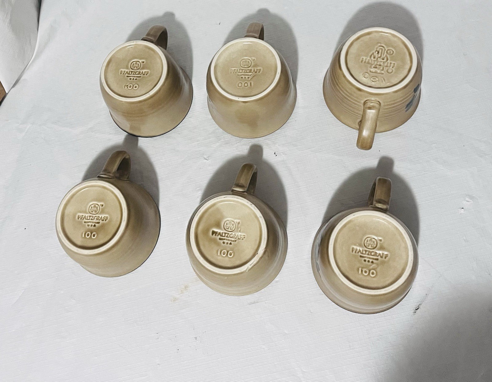 6 Vintage Pfaltzgraff Folk Art Coffee Cups / Mugs Tan with Blue accents