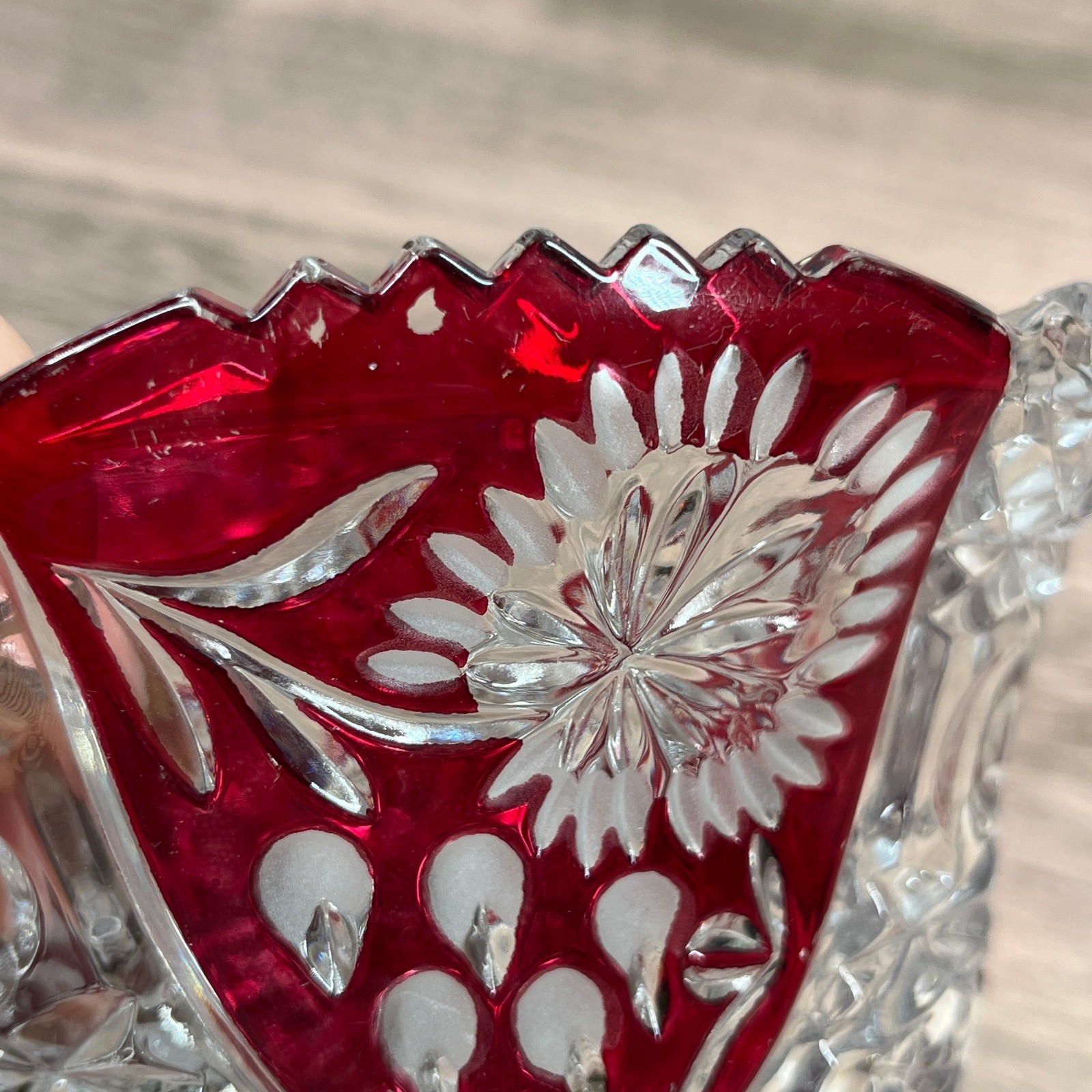 Evita Crystal 3pc Bowl Vase Set Red Clear 24% Lead Crystal Ruby Cut to Clear