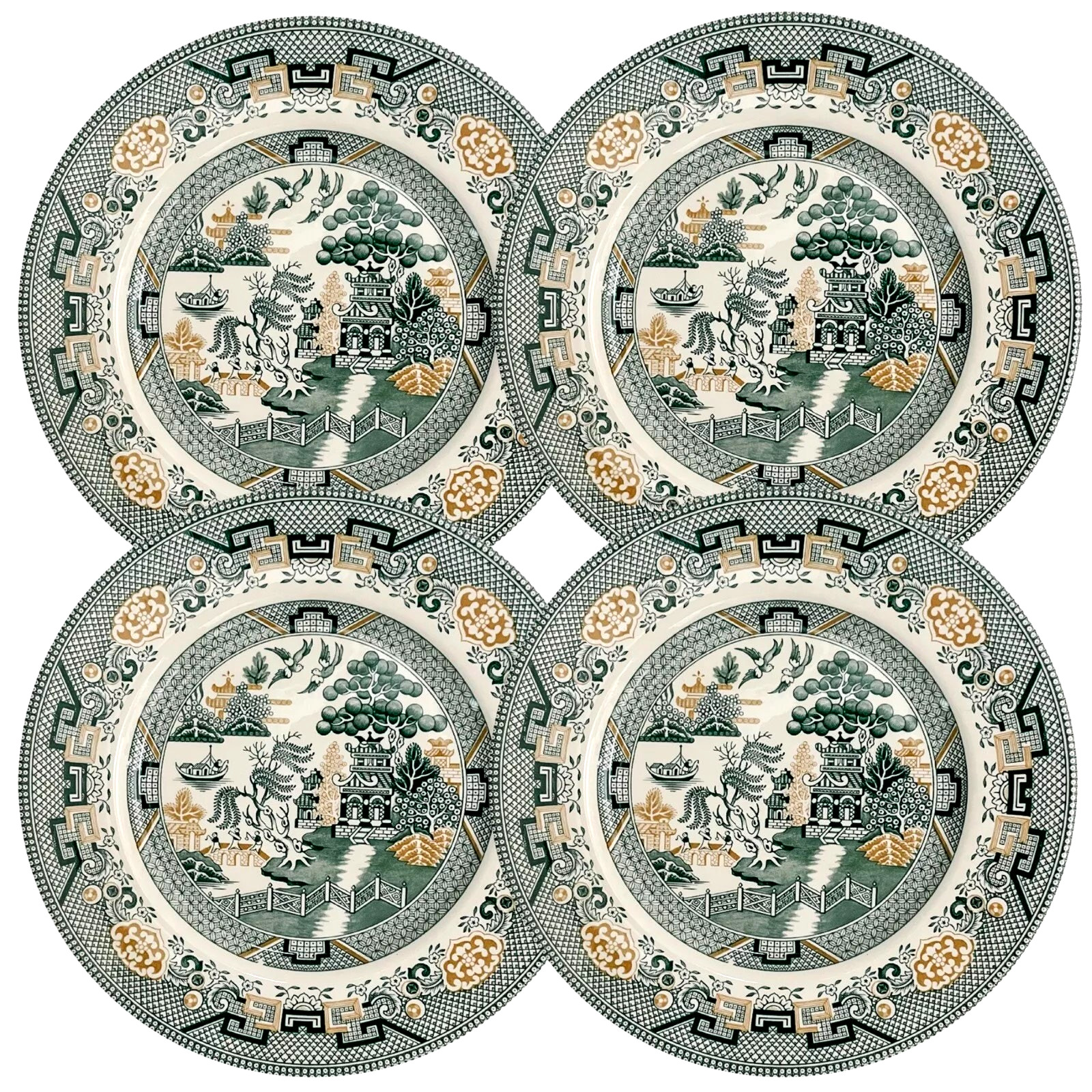 Royal Stafford Dinner Plates 11in Green & Gold Willow Pagoda Set of 4 New