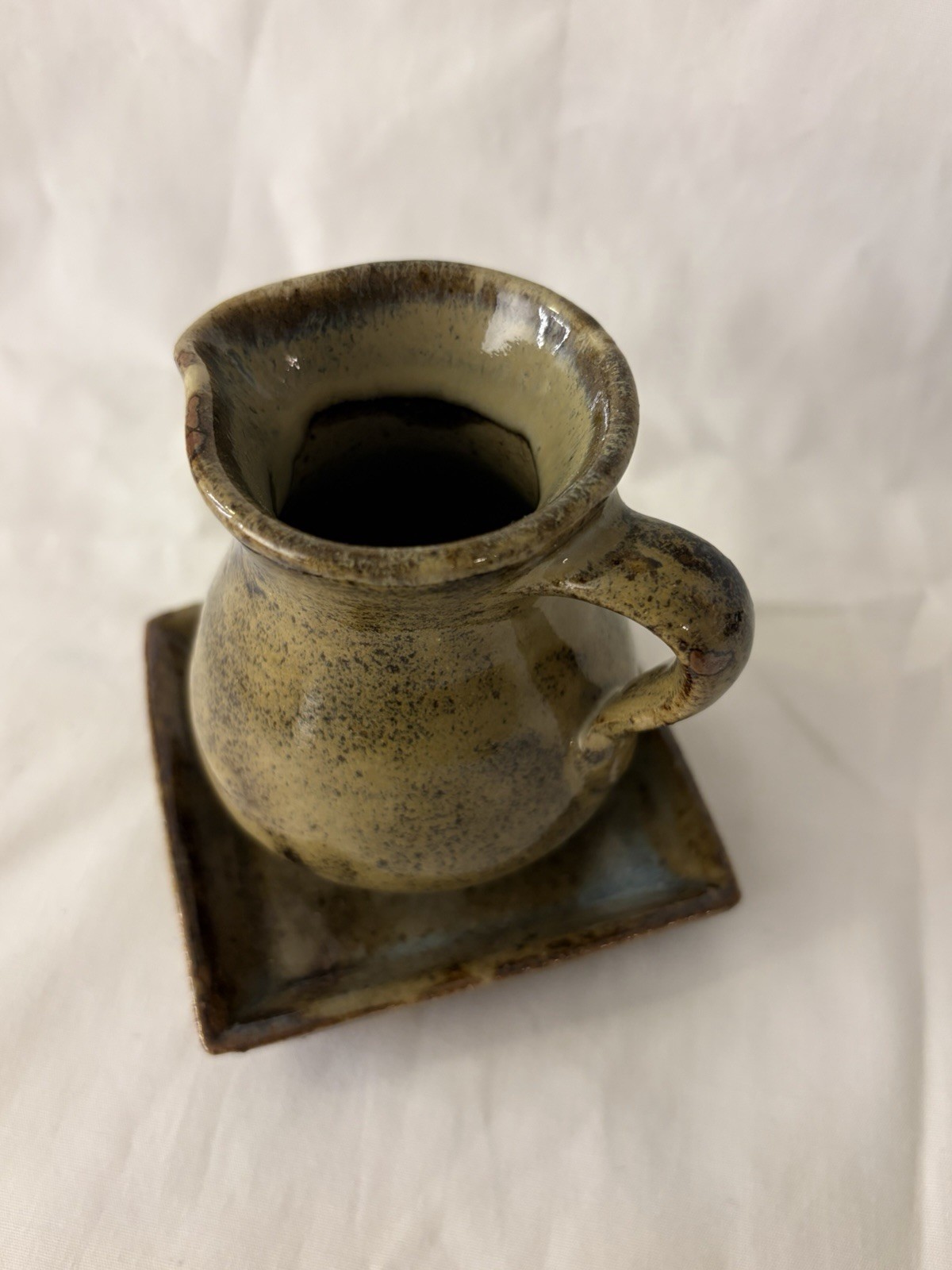 Small Vintage Pottery Creamer Pitcher & Saucer Green & Brown Set