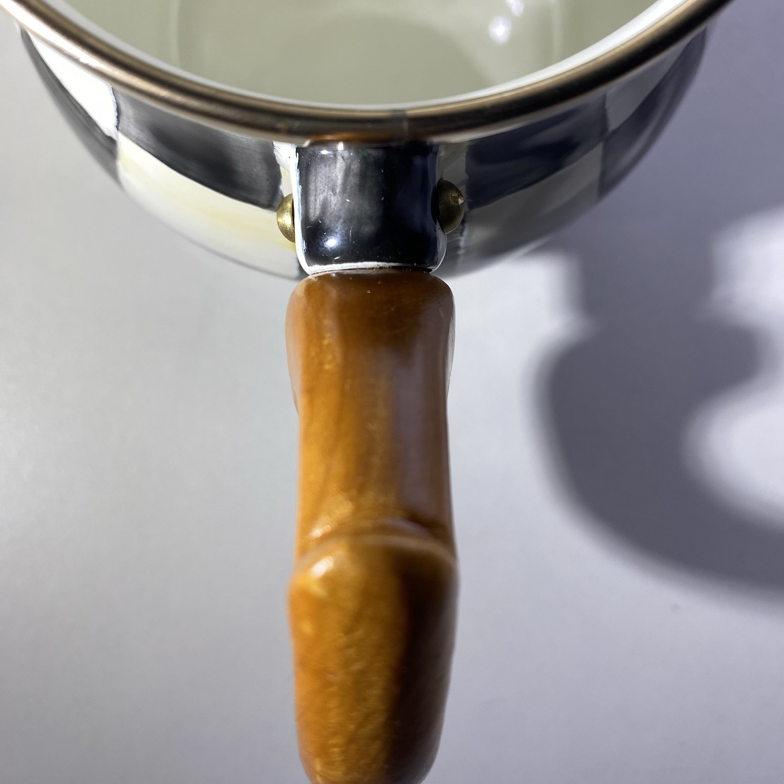 MacKenzie-Childs Vintage Courtly Check Enamel Creamer with Wooden Handle