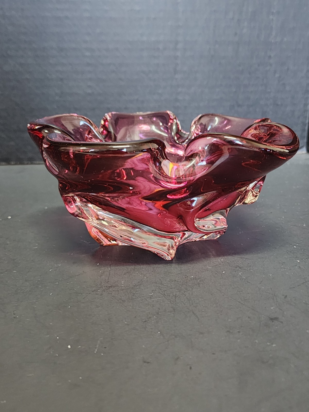 Bohemian Glass Bowl Pinched Side Purple Orange Swirled Bottom
