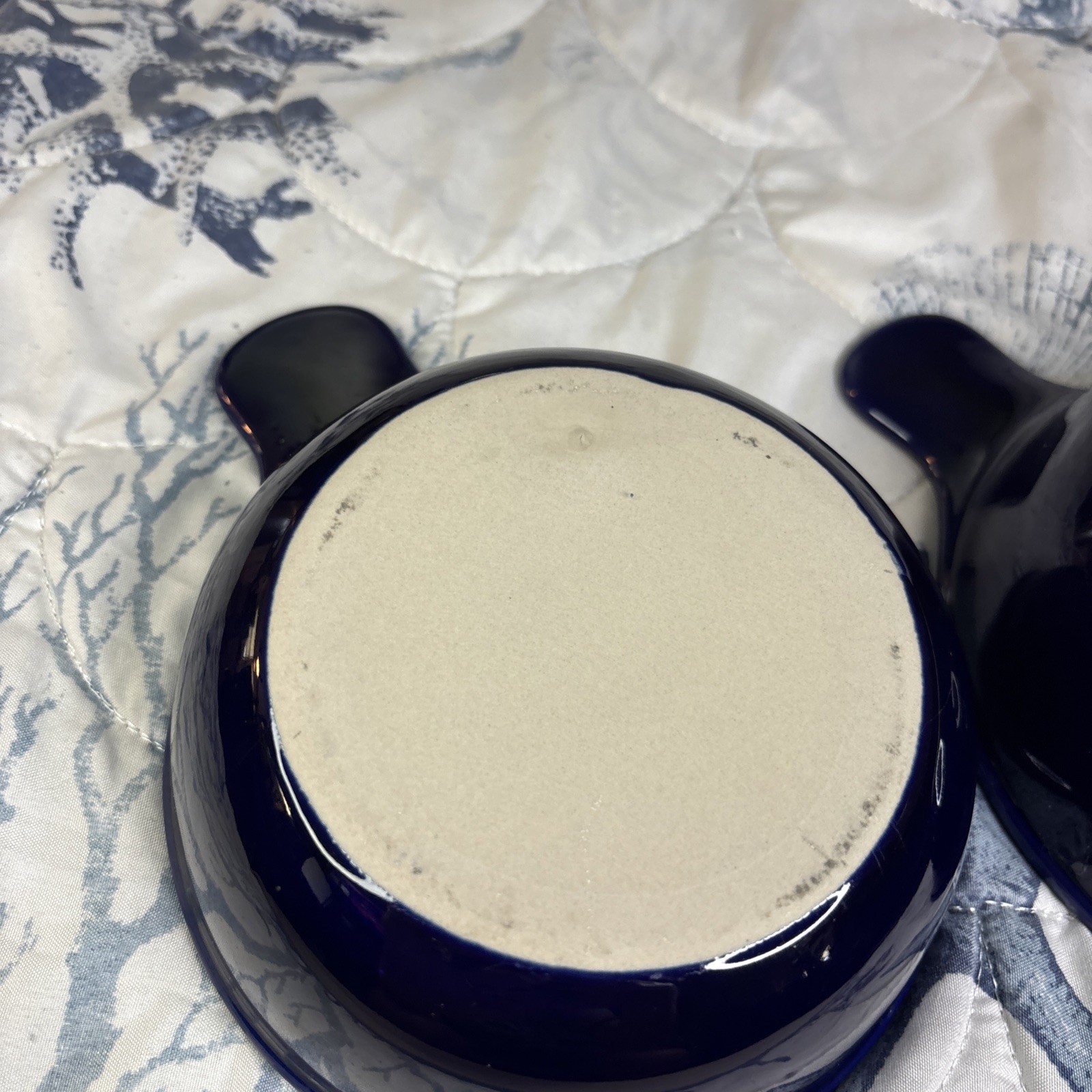 2 Navy Blue & White Interior Nesting Grab Stoneware Matching Bowls-Very Durable