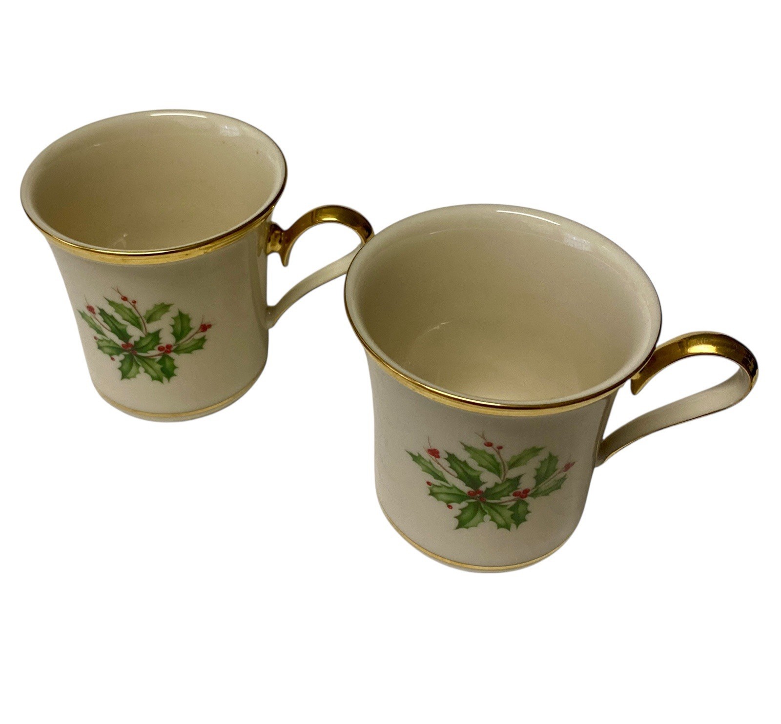 Lenox Holiday Porcelain Mugs Set Of 2 Holly Berries 24K Gold Trim Made In USA