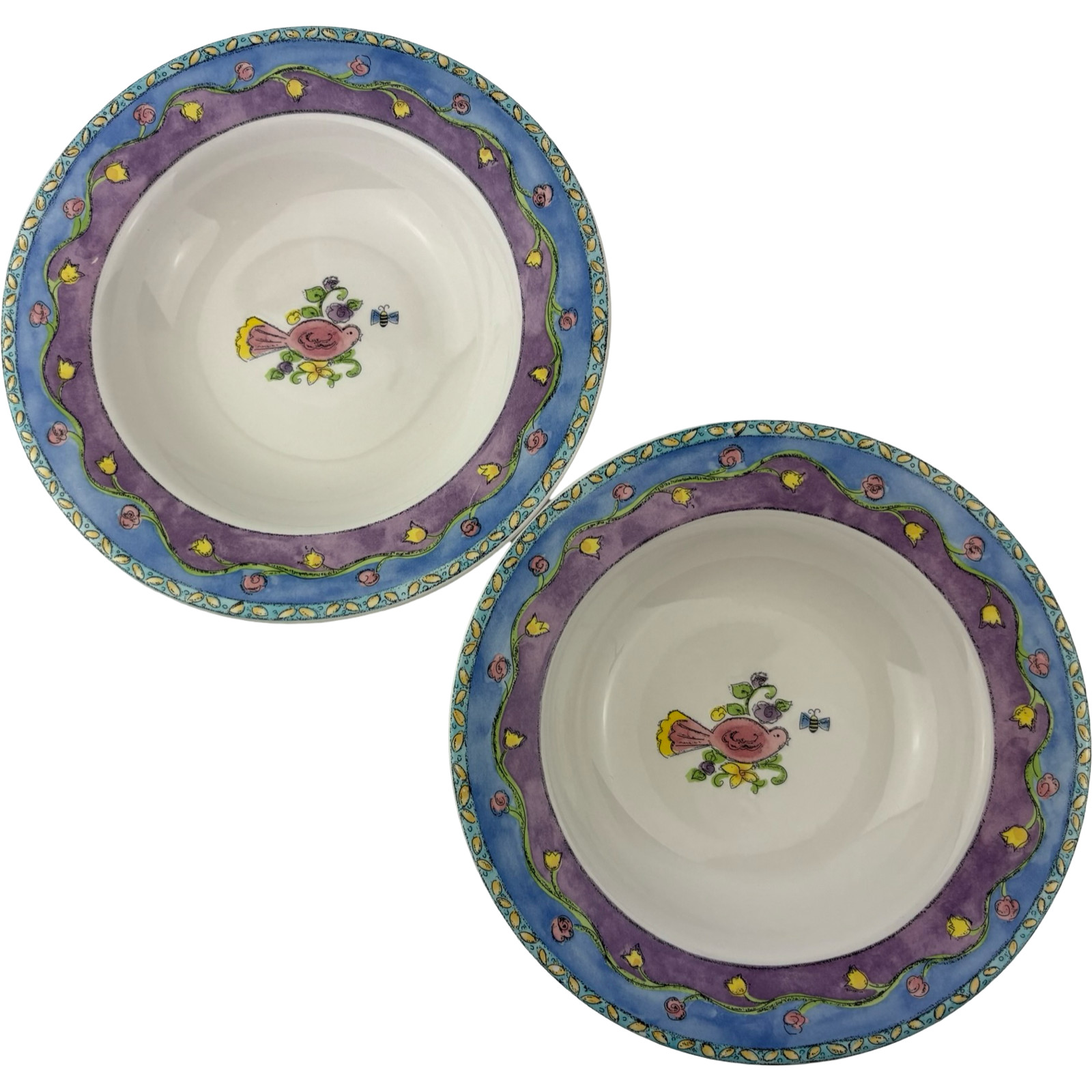 Sango Birds and the Bees Soup Bowls Set of 2 VTG 8 3/4″ Sue Zipkin Stoneware