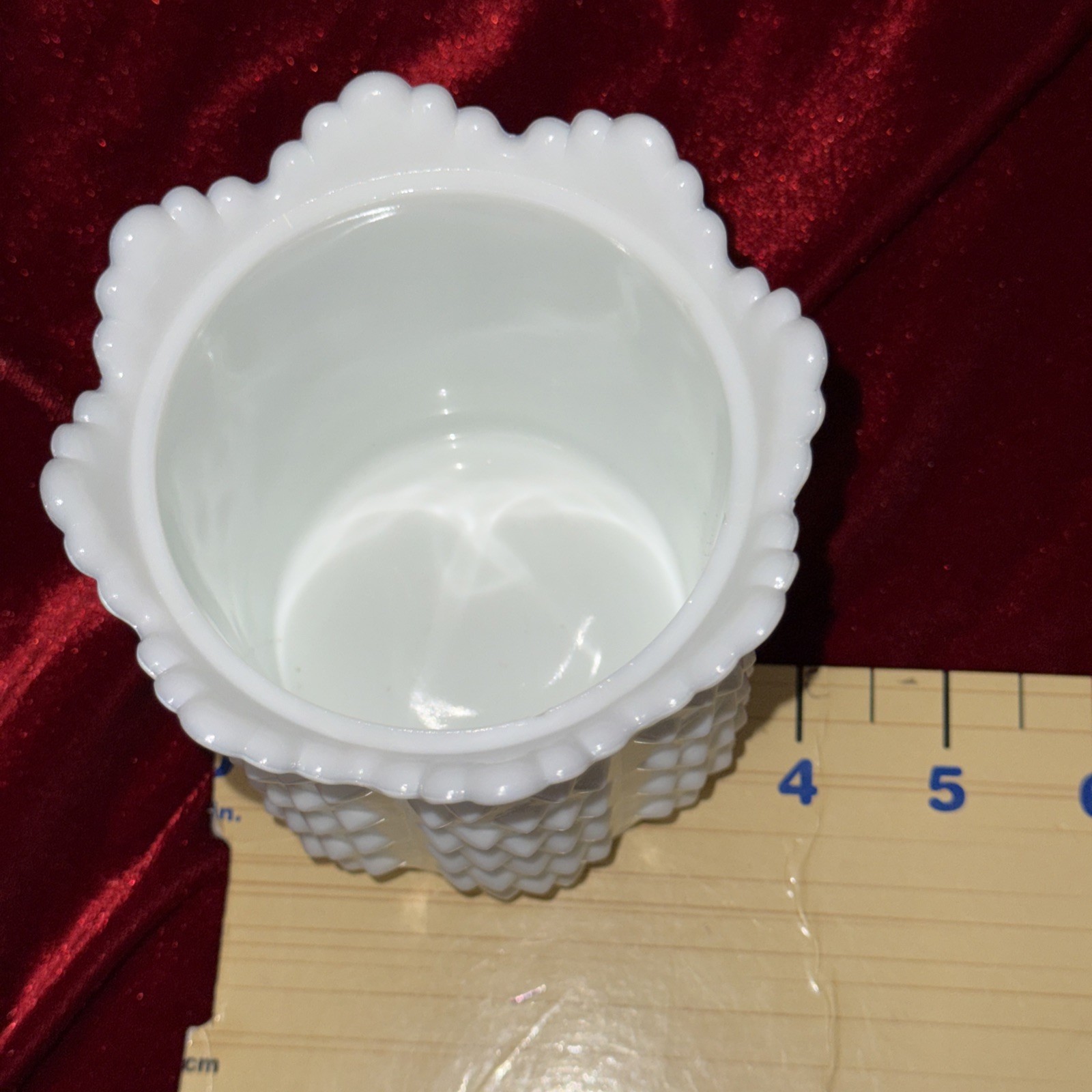 Vintage 6” Fenton 1970s Milk Glass Hobnail Jar Butterfly Lid Scalloped Edge