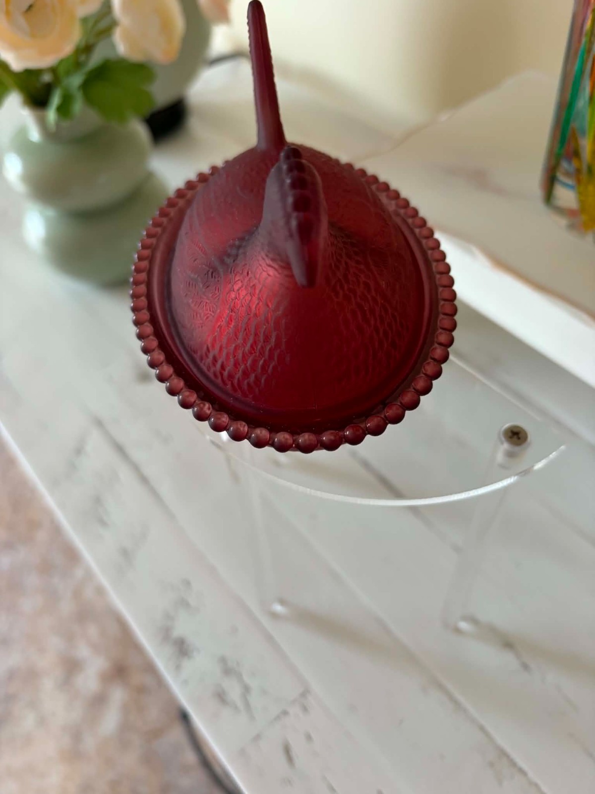 Burgandy Glass Hen on a Nest HON Covered Dish Satin Matte Pressed Glass Oval 5”