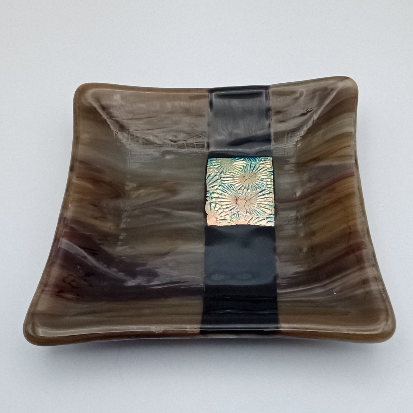 Dichroic Fused Glass Square Trinket Dish Brown Black Copper Abstract Signed