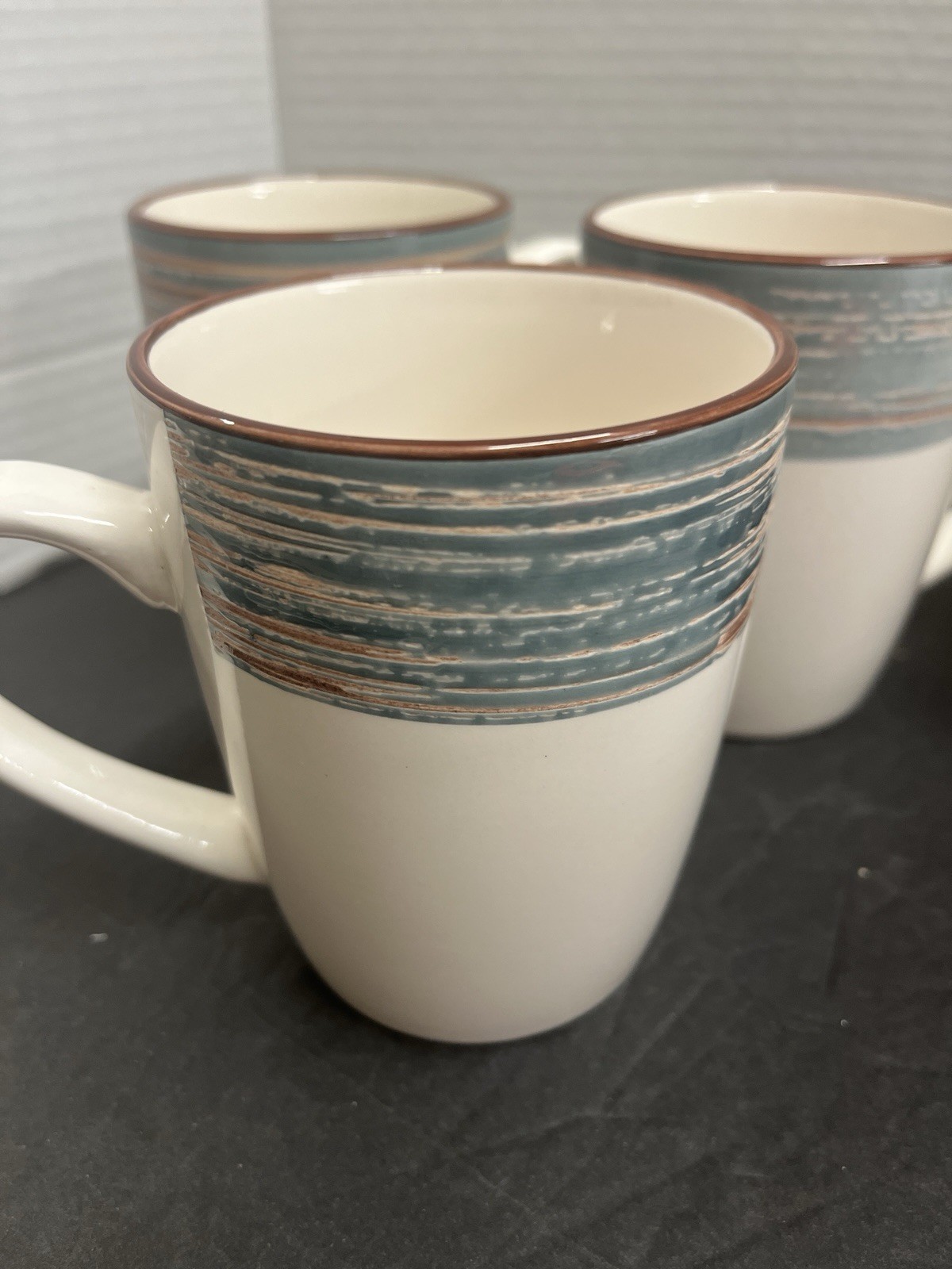 4 Citrus Grove Coffee Mugs Swirl Stripe Pottery Blue Gray Sunset