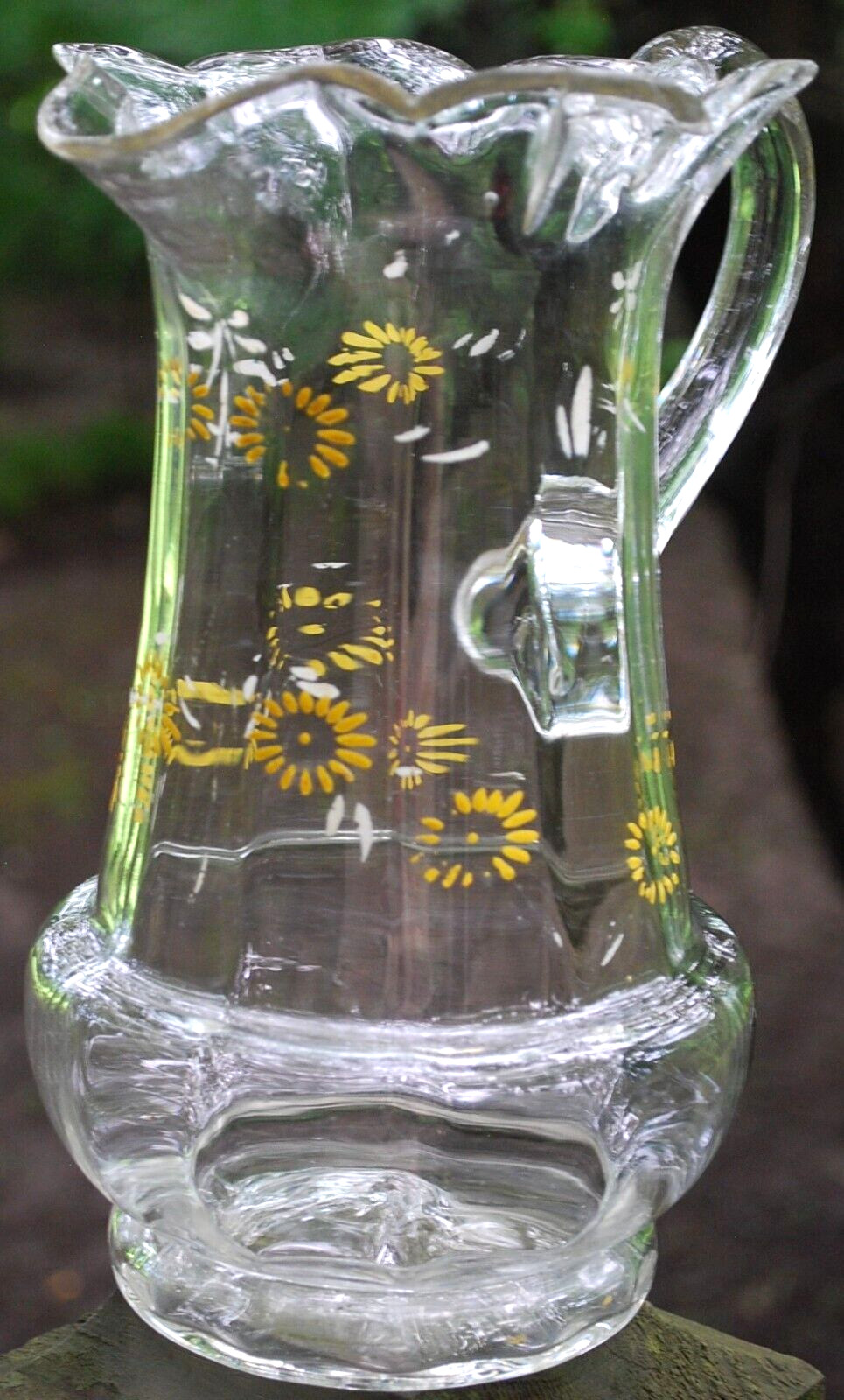 Antique Victorian PITCHER Clear Optic Glass FLORAL ENAMELED DAISIES Petal Rim