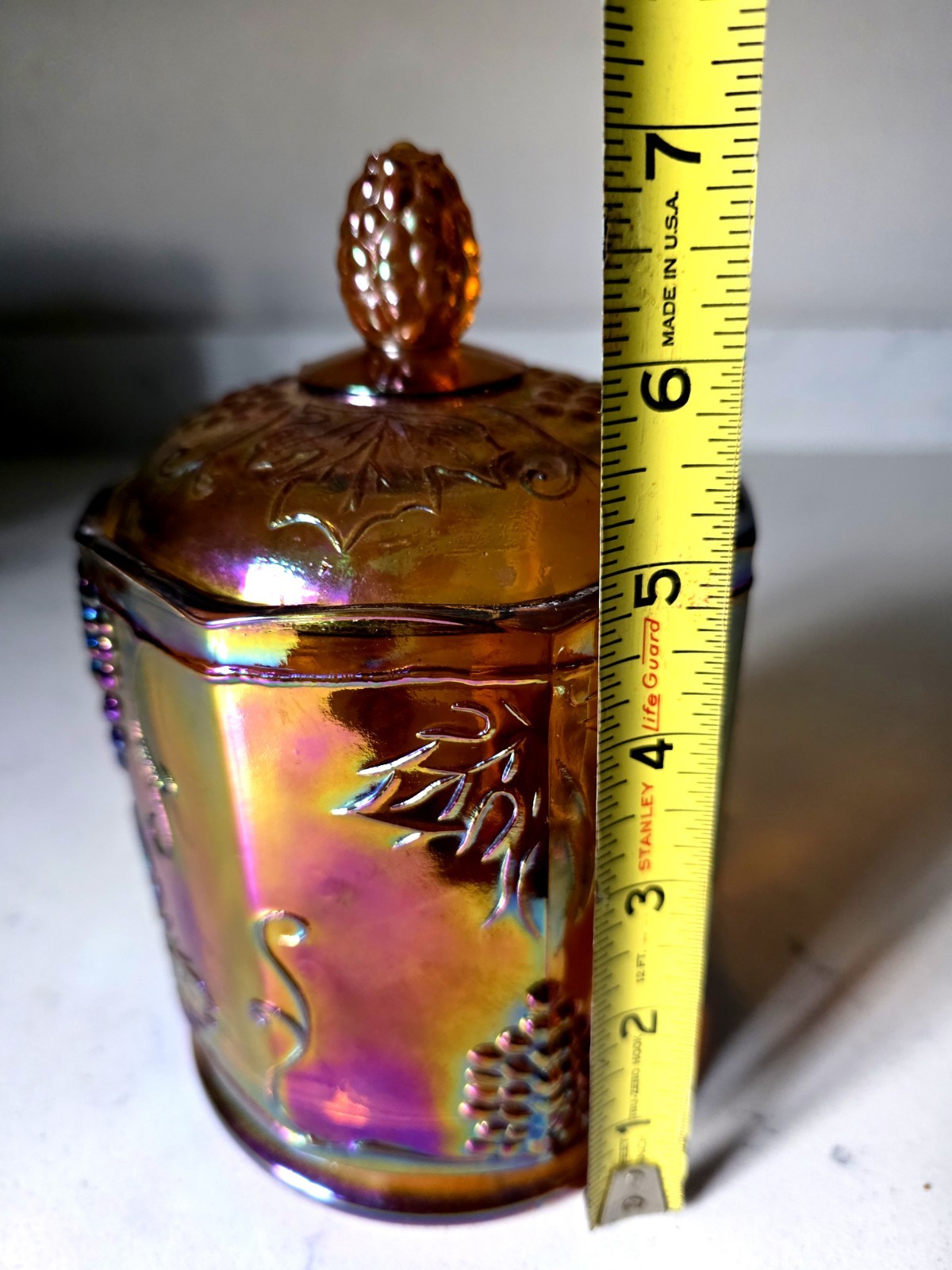 Vtg Indiana Carnival Glass Marigold Iridescent Harvest Grape Candy Jar w/ Lid